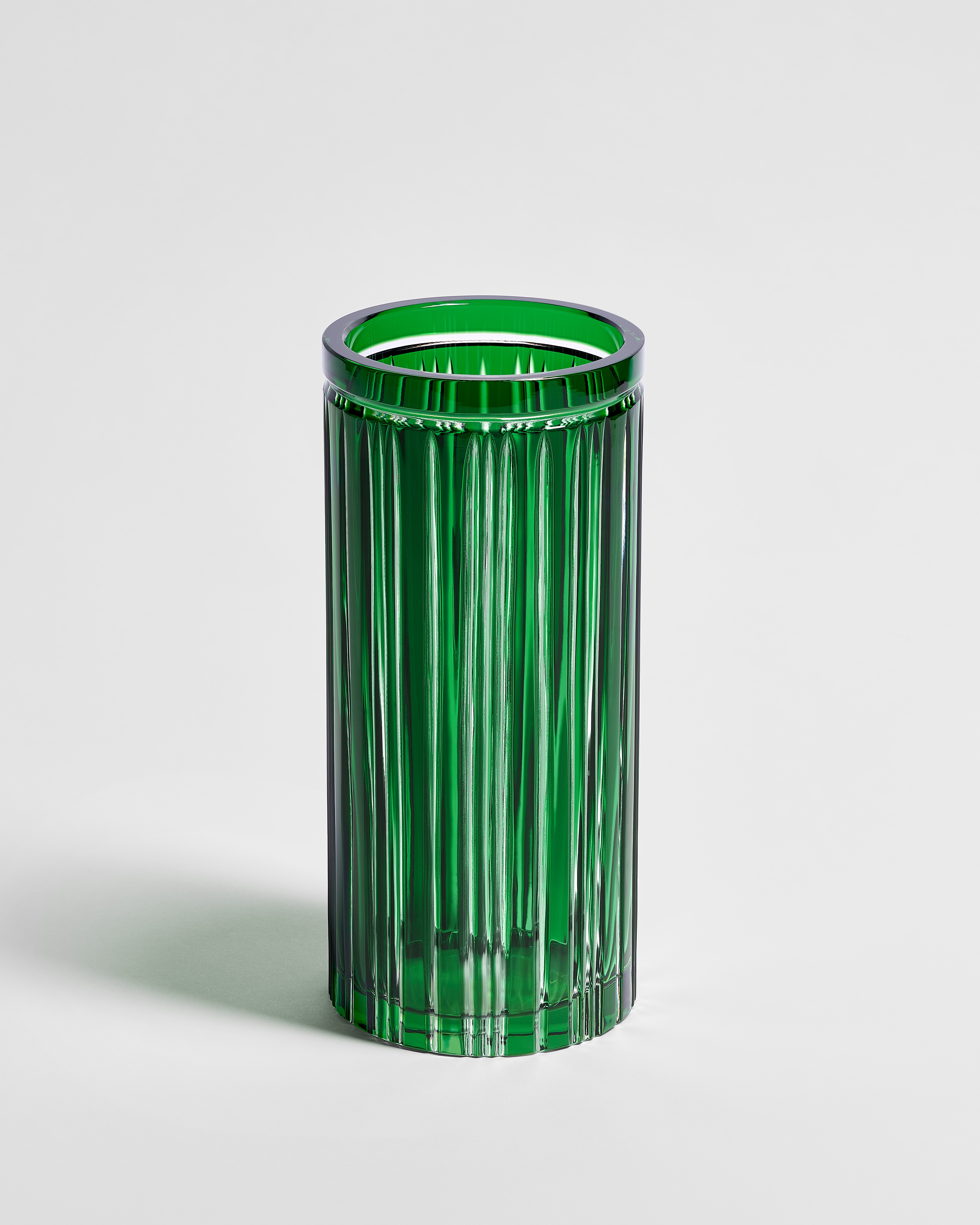 Cylindrical Vase Transparent Deep Green Crystal with Stripe Motif E01