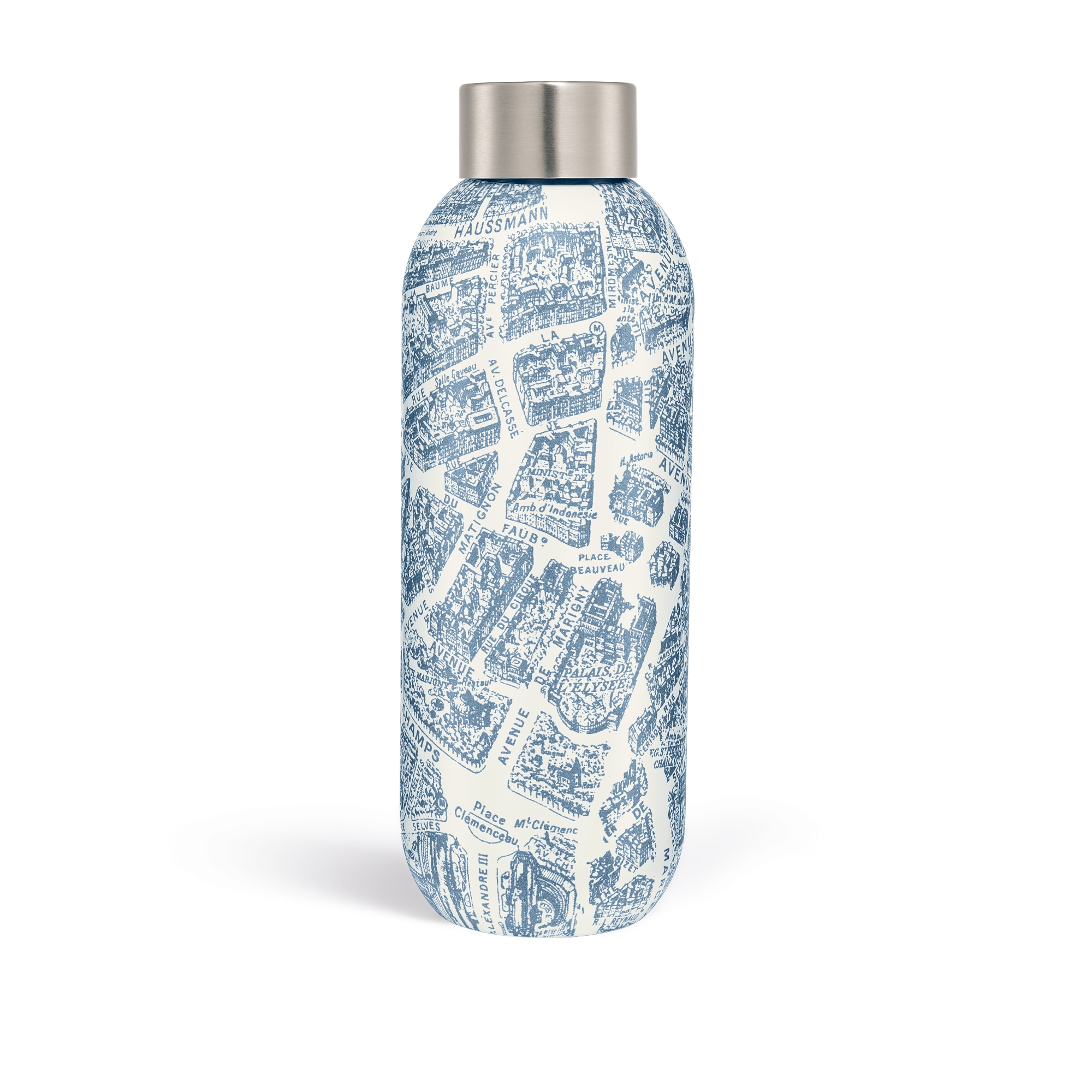 Waterfles Wit en blauw Plan de Paris-motief op roestvrij staal E08