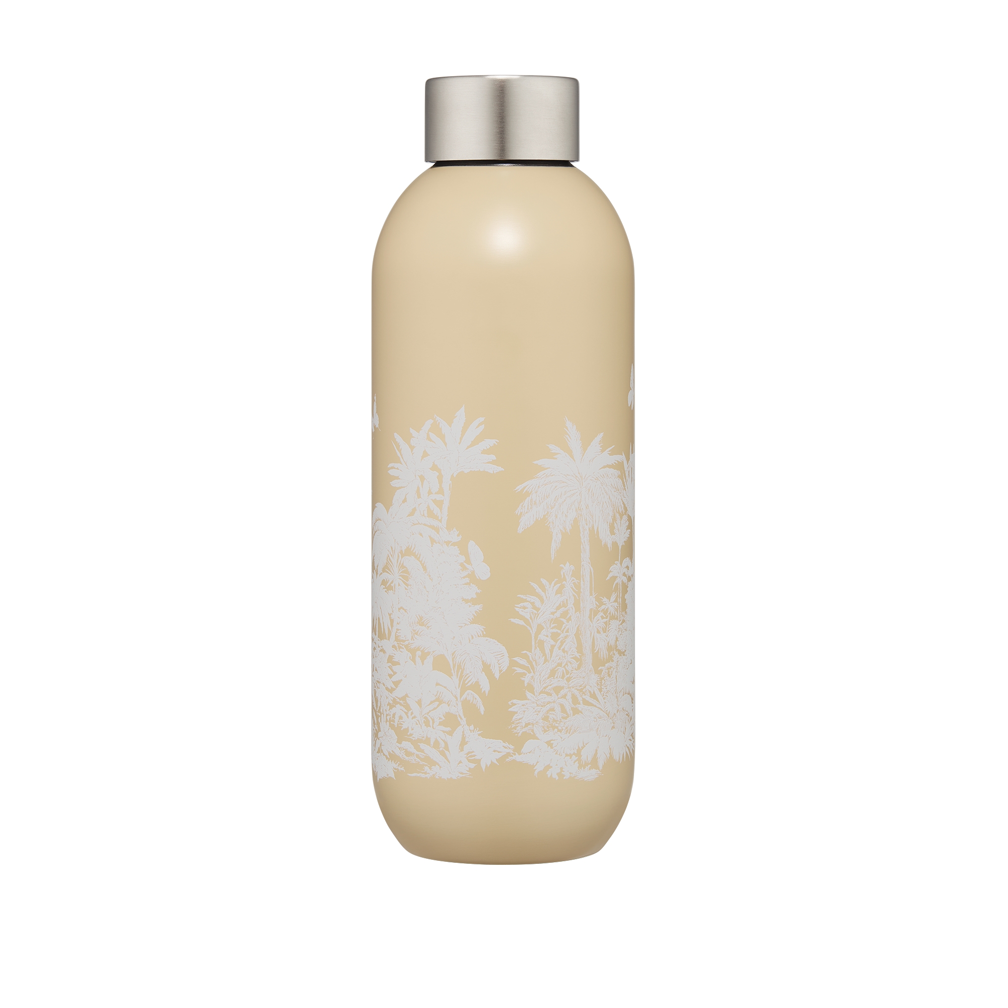 Water Bottle Beige and White Toile de Jouy Palms Stainless Steel E08