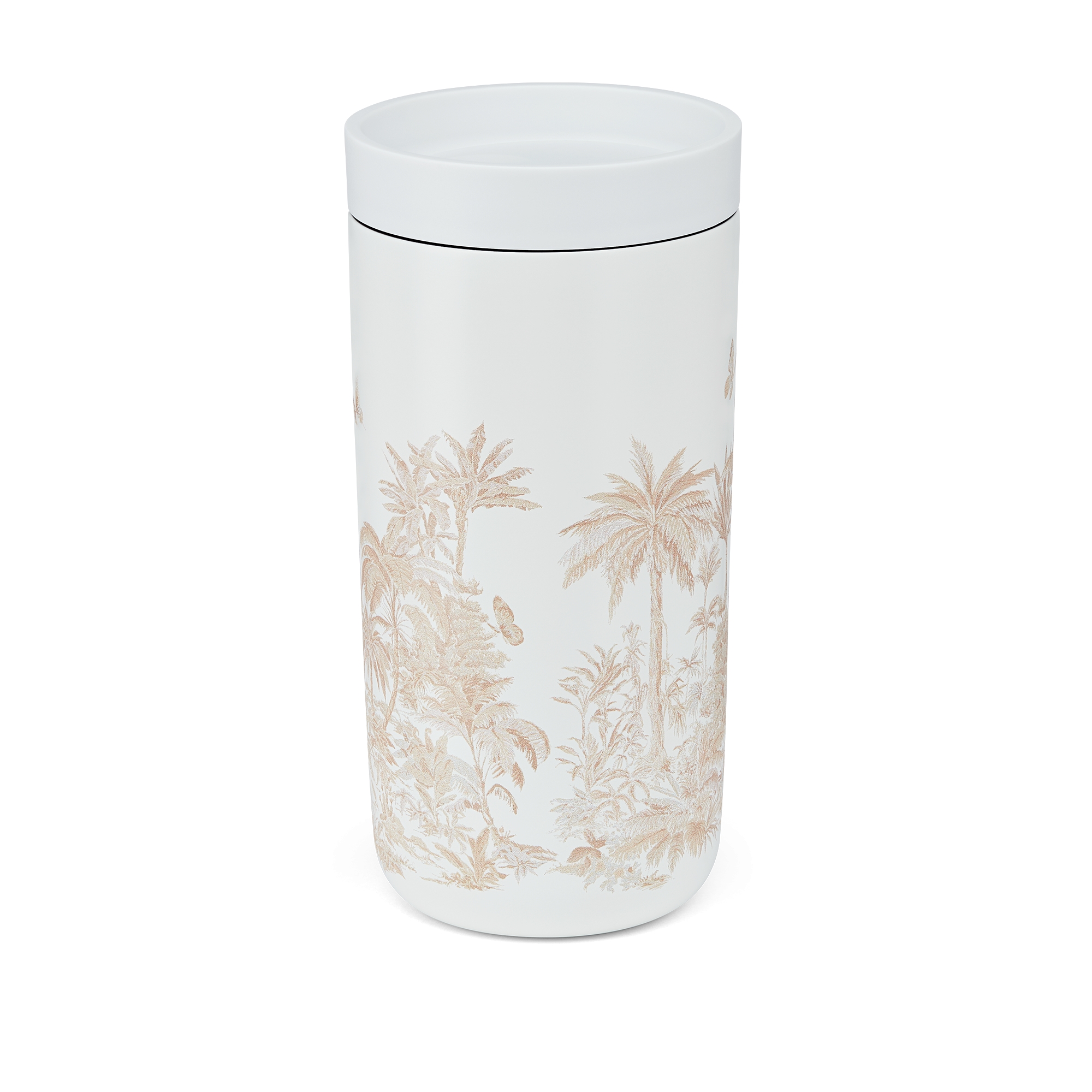 Travel Mug White and Beige Toile de Jouy Palms Stainless Steel E08