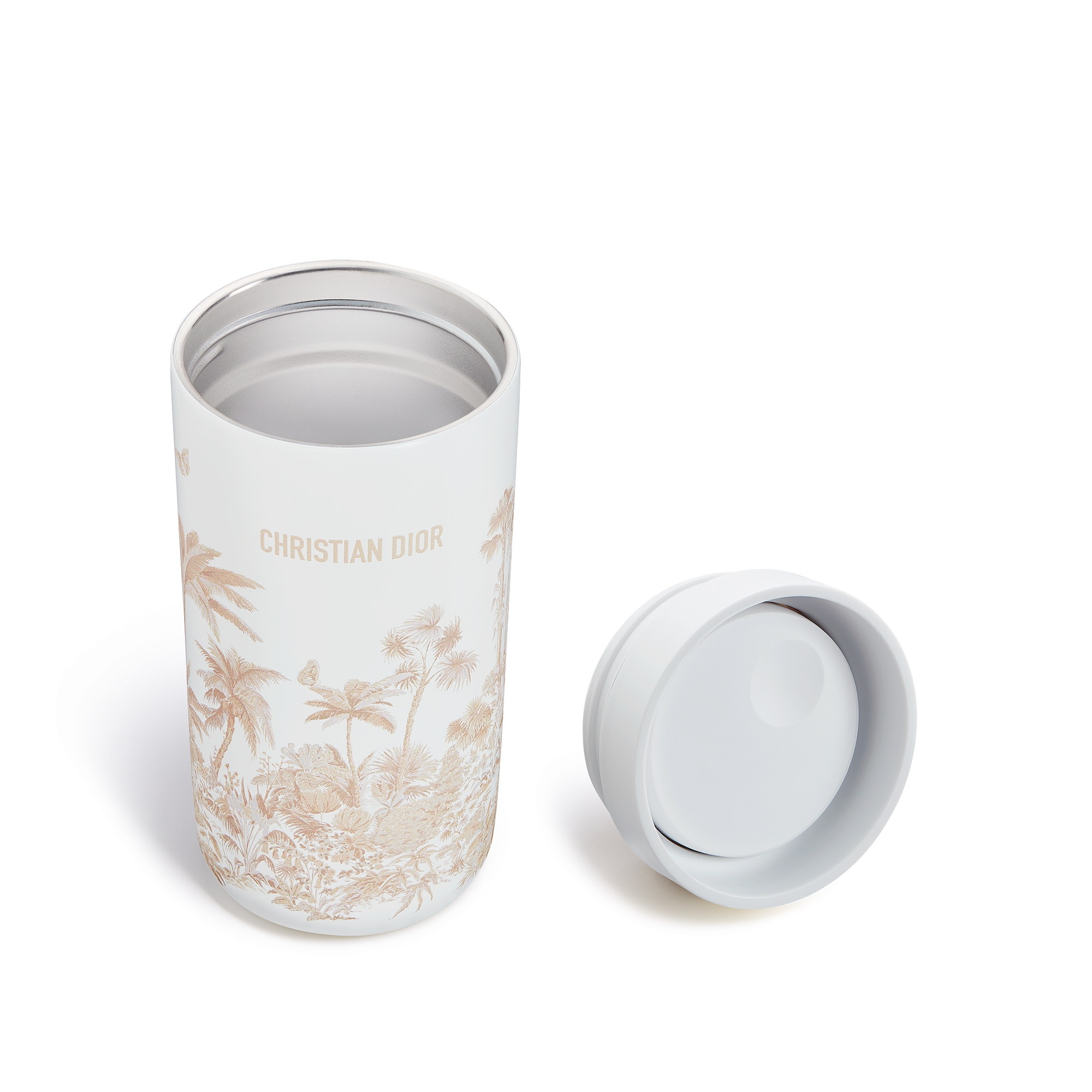Travel Mug White and Beige Toile de Jouy Palms Stainless Steel E09