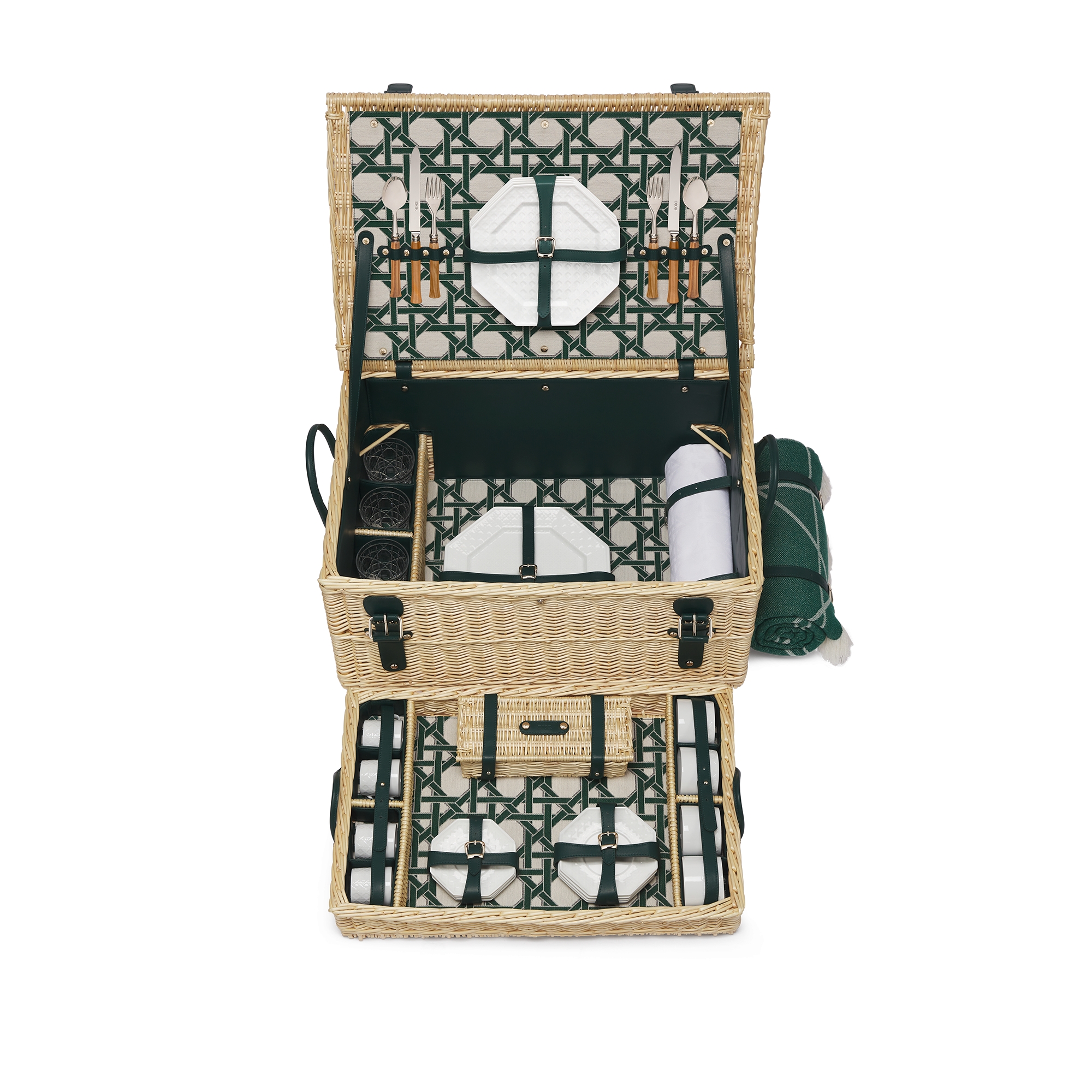Miss Dior Picnic Basket for Four People Beige Wicker, White Porcelain, Transparent Glass, Cutlery in Olive Wood and Silver-Finish Metal E09