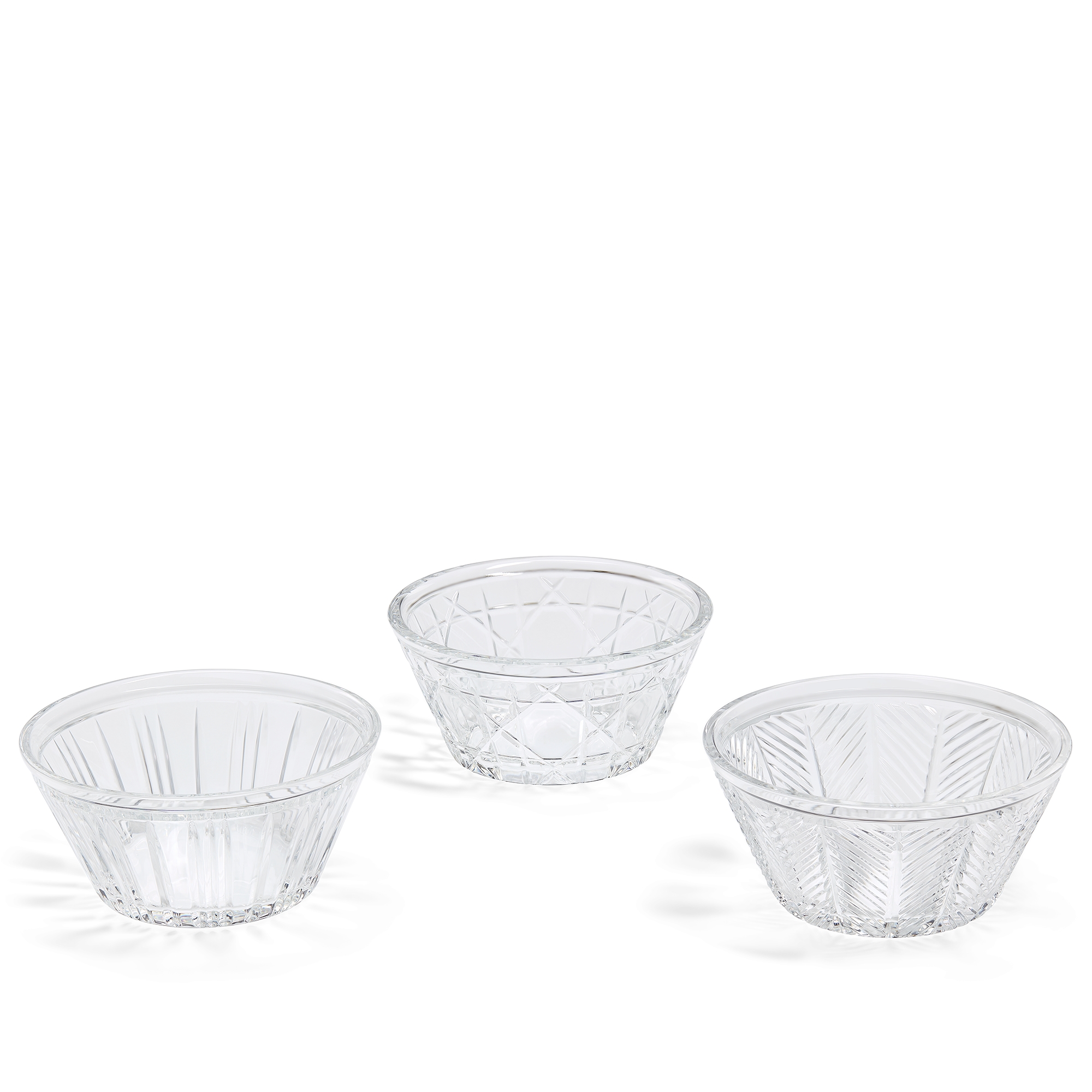 Set of Three Ice Cream Bowls Crystal with Cannage, Chevron and Stripe Motifs E03