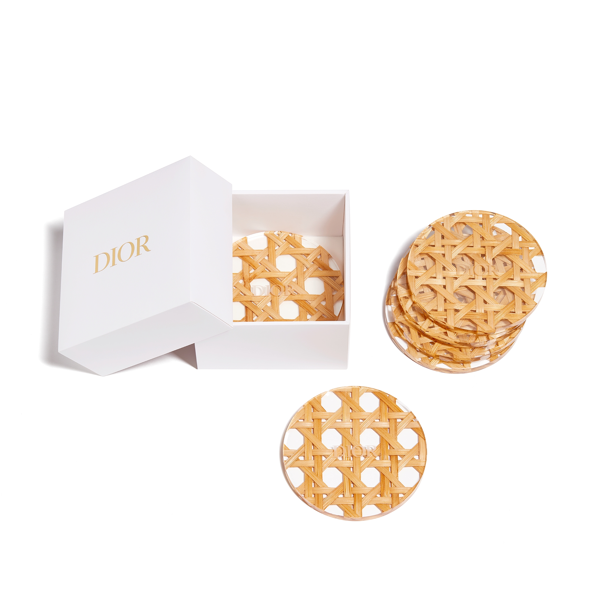 Set of Six Coasters Resin and Natural Rattan with Cannage Provence Motif E09