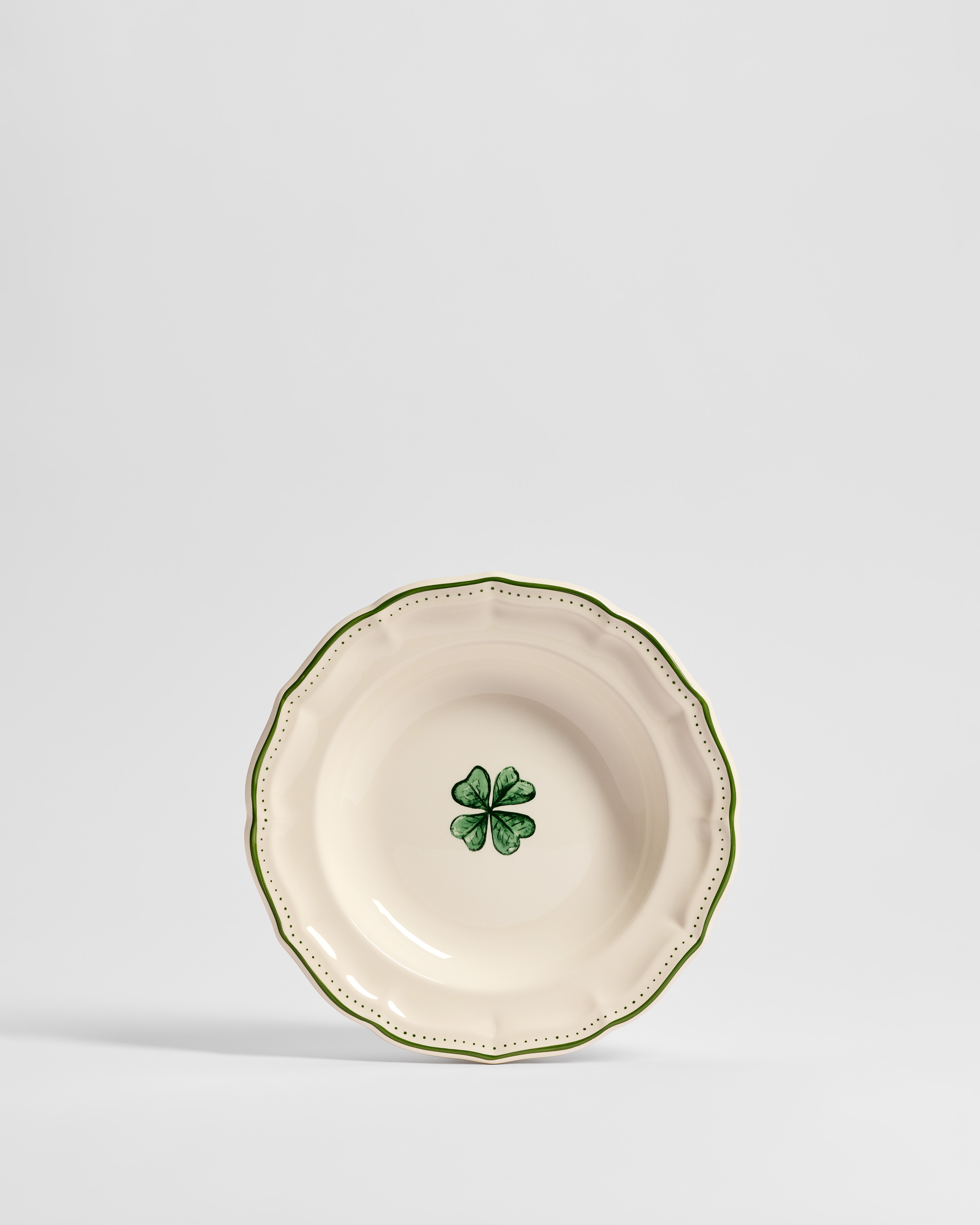 Soup Plate Ecru and Green Earthenware with Clover Motif E01