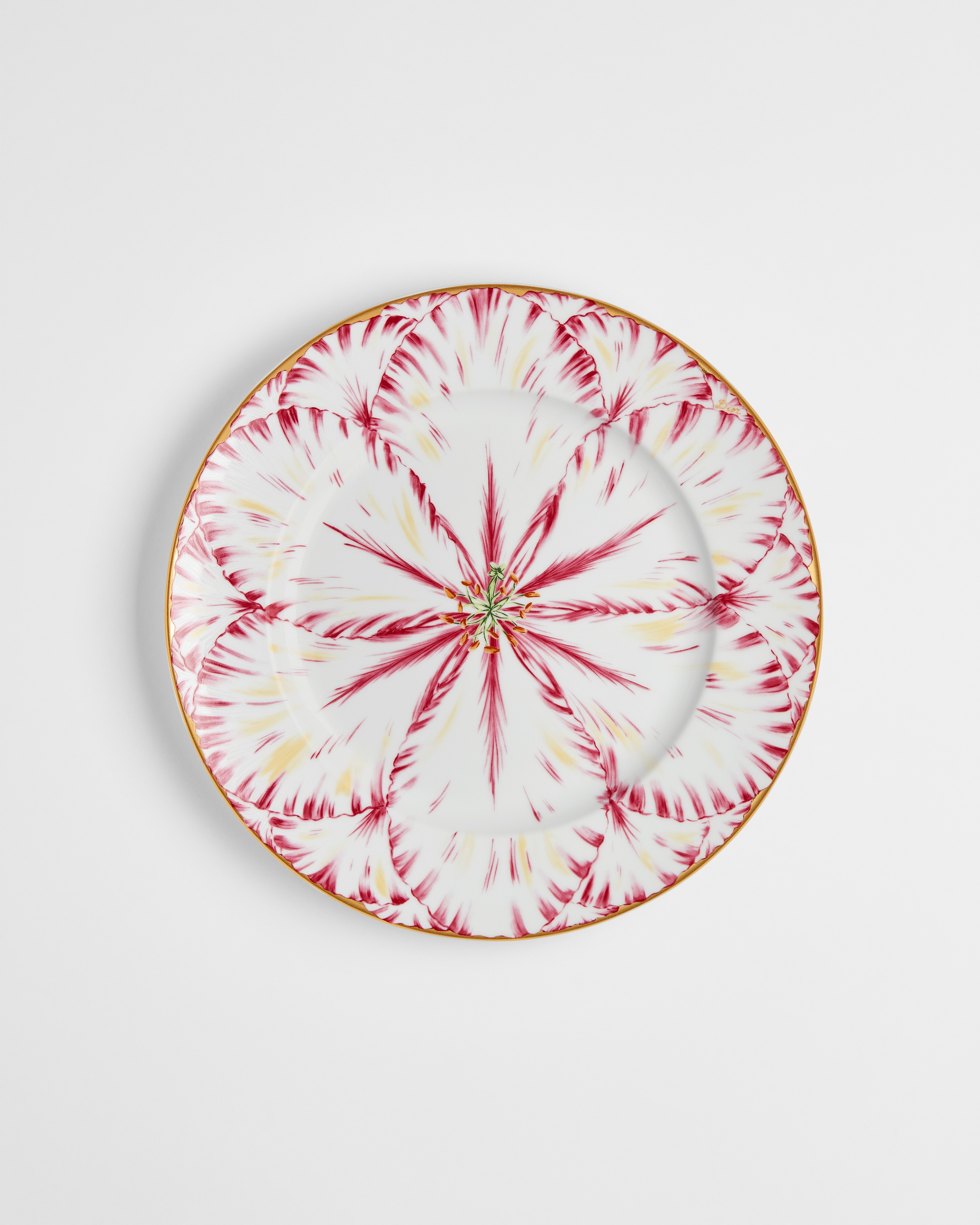 Assiette à dîner Porcelaine de Limoges à motif Champs de Tulipes rose et or 24 carats E01