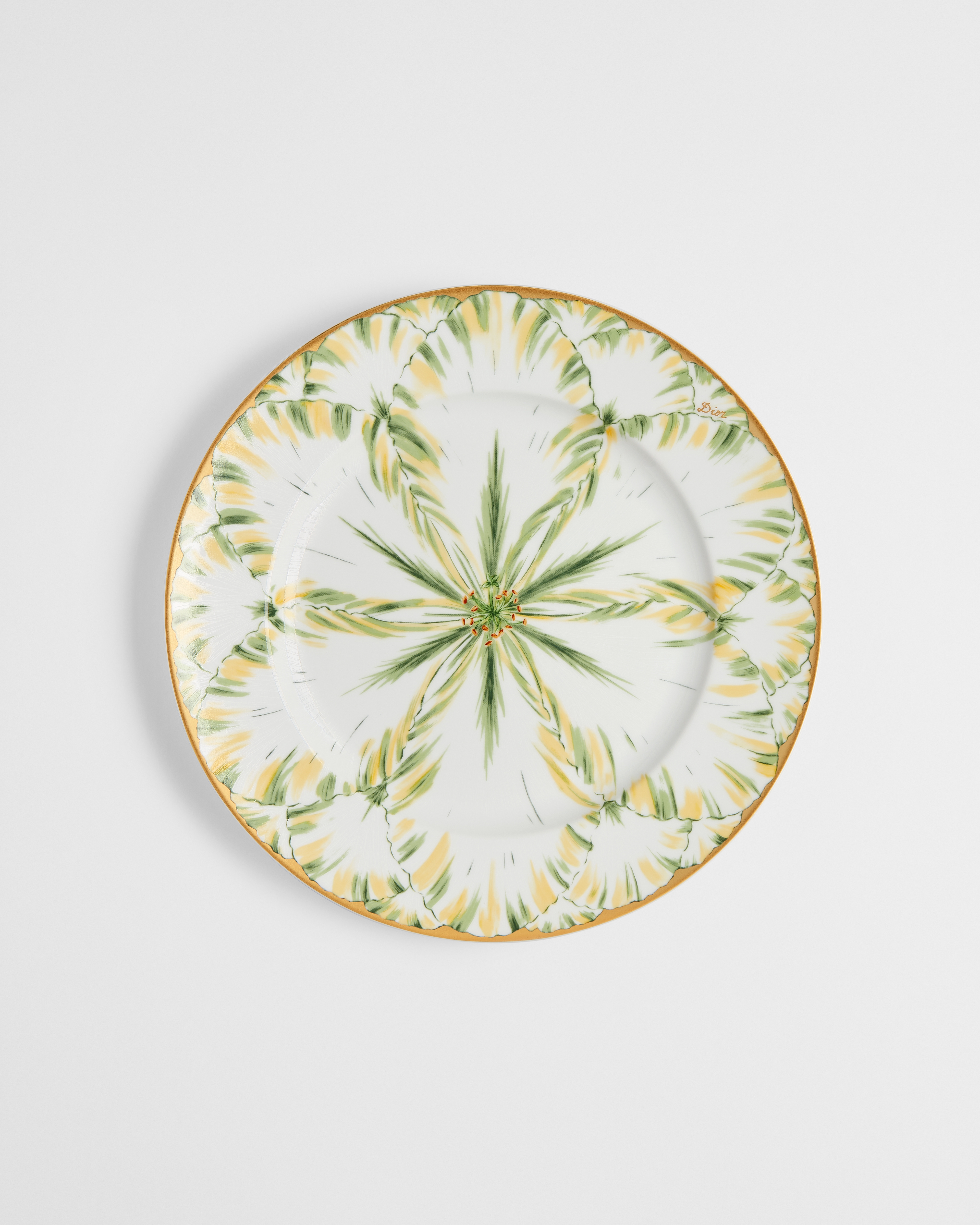 Assiette à dîner Porcelaine de Limoges à motif Champs de Tulipes vert et or 24 carats E01