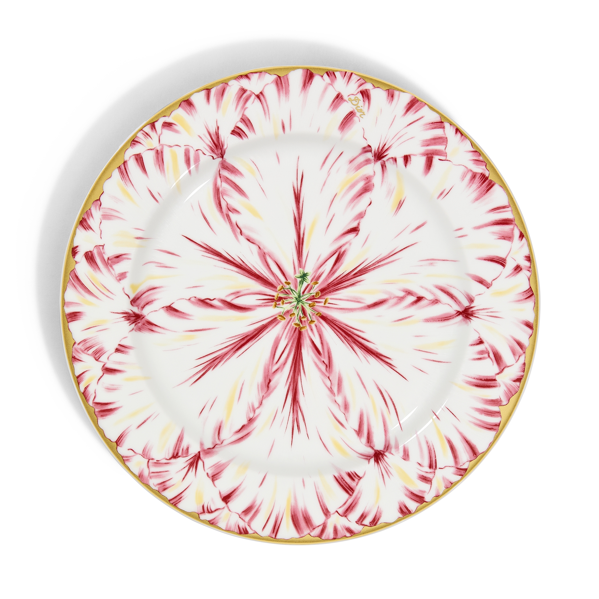 Dessert Plate Limoges Porcelain with Pink and 24-Carat Gold Champs de Tulipes Motif, Alexia Lignon for Dior E01