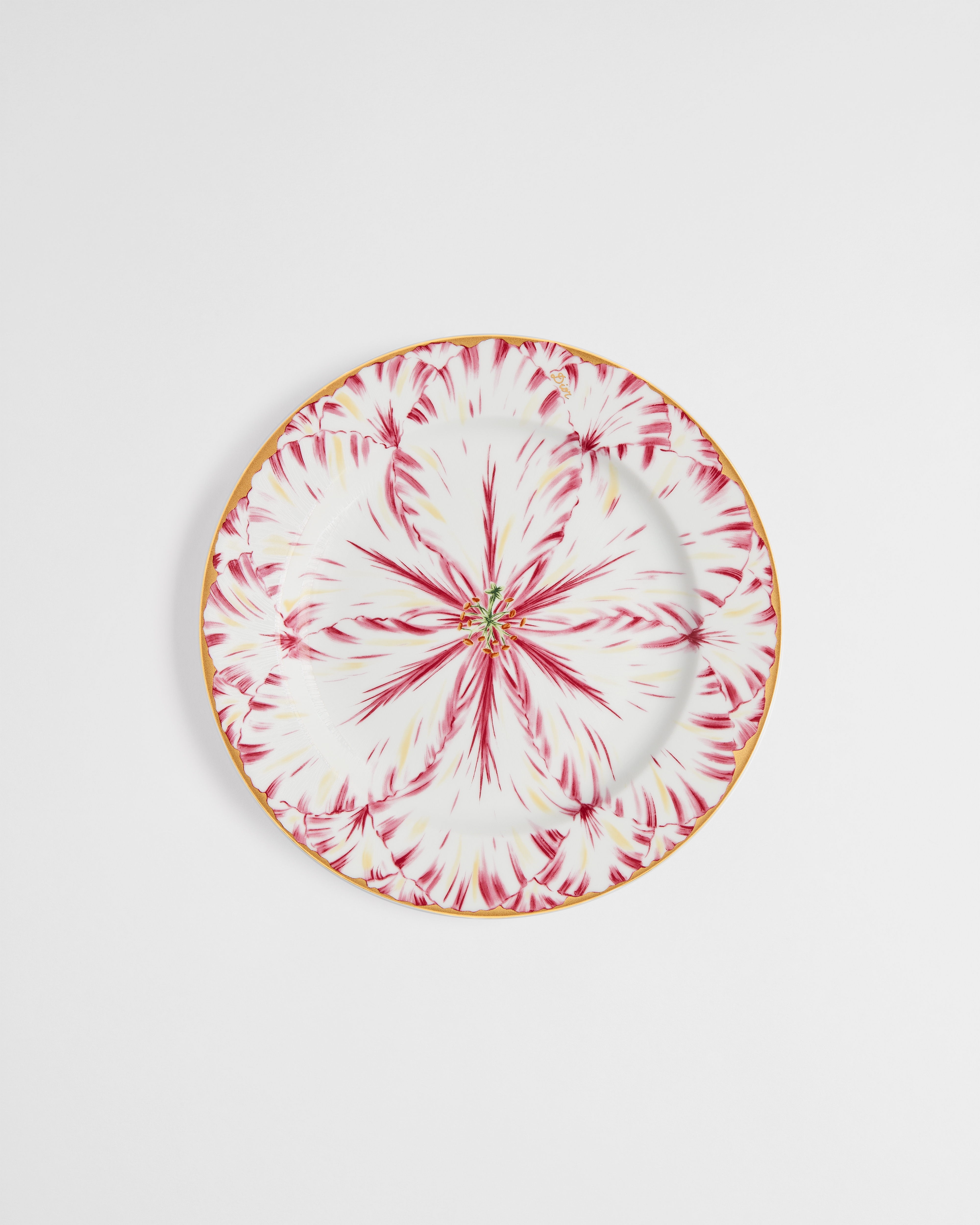 Assiette à dessert Porcelaine de Limoges à motif Champs de Tulipes rose et or 24 carats E01