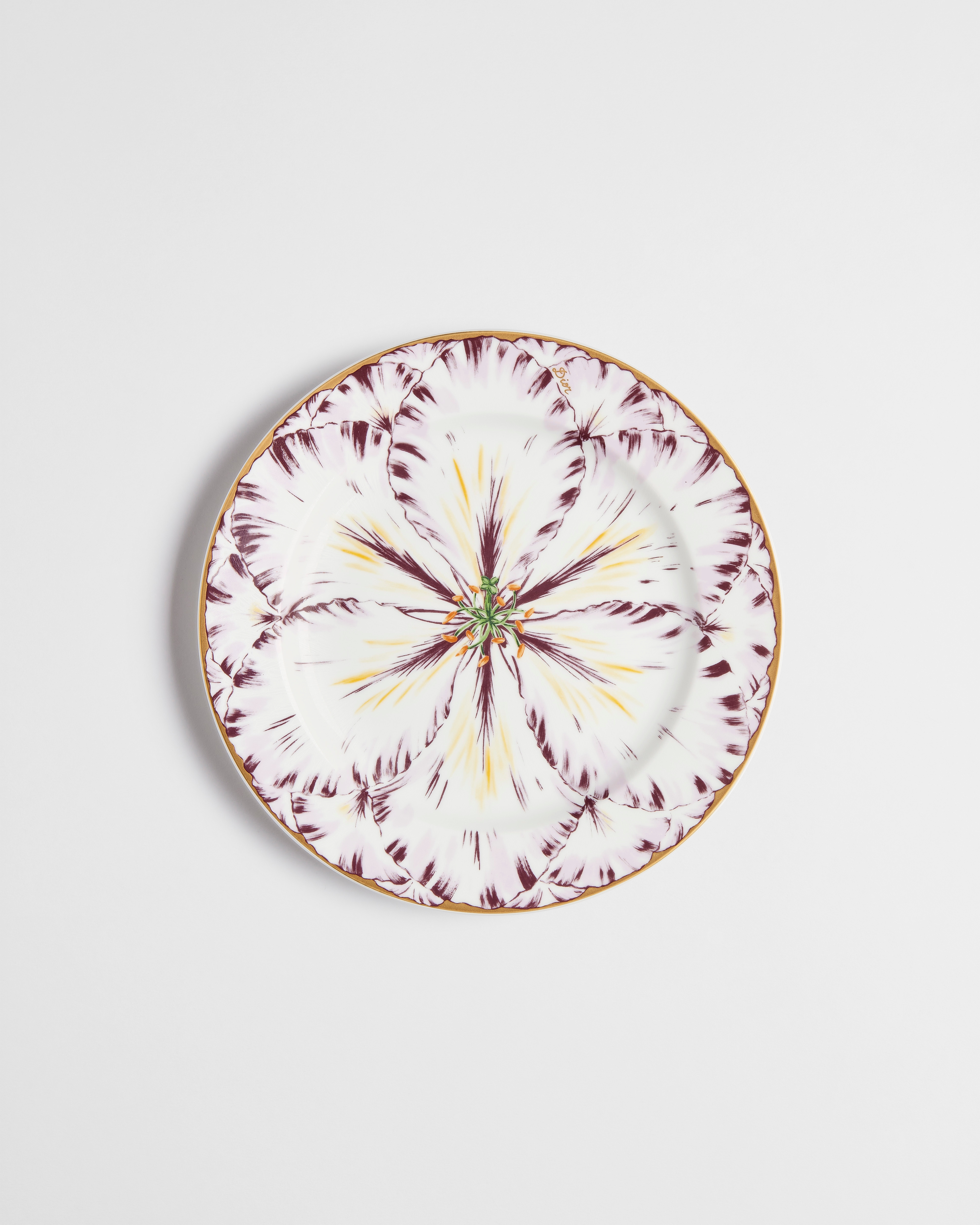 Assiette à dessert Porcelaine de Limoges à motif Champs de Tulipes violet et or 24 carats E01