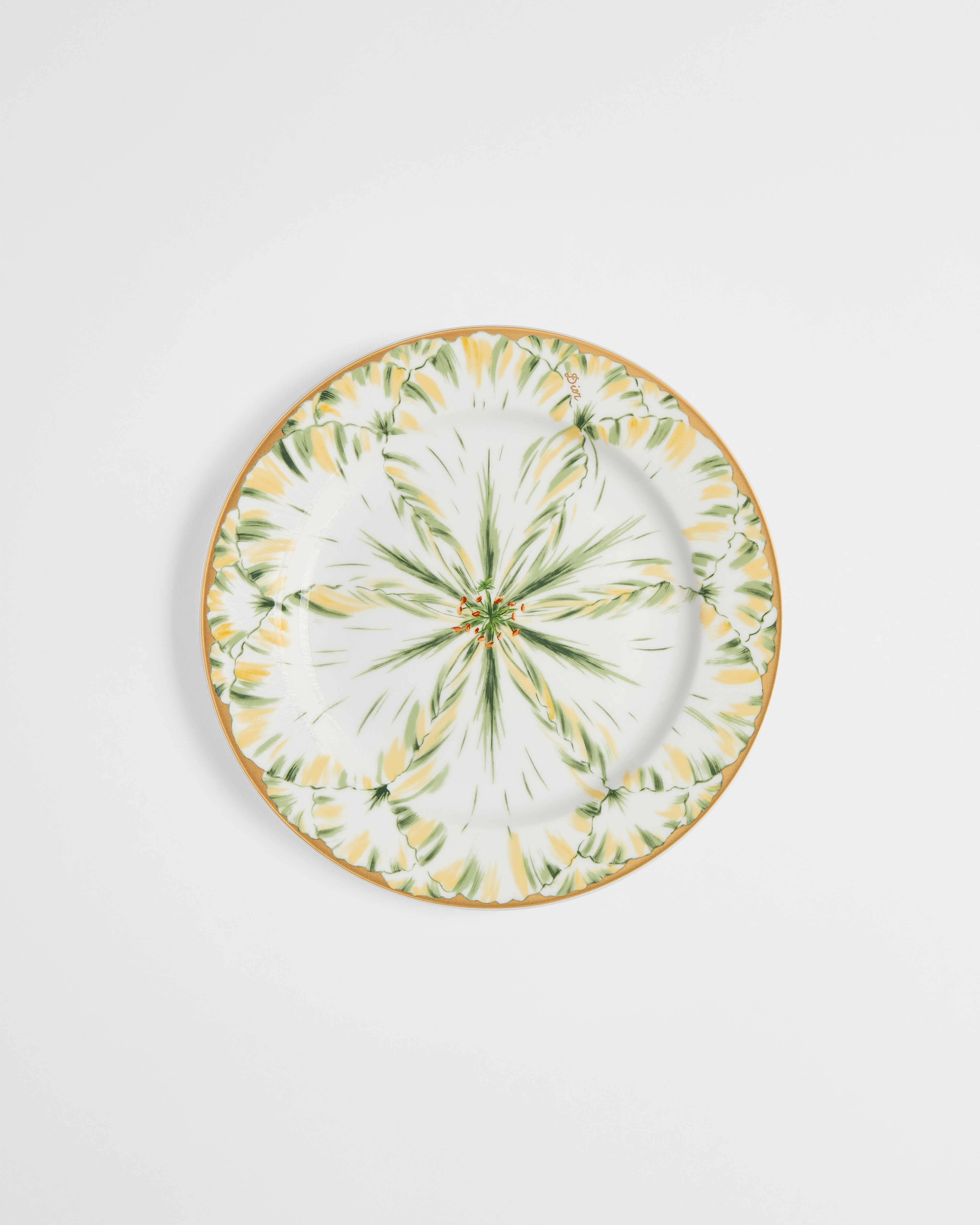 Dessert Plate Limoges Porcelain with Green and 24-Carat Gold Champs de Tulipes Motif, Alexia Lignon for Dior E01