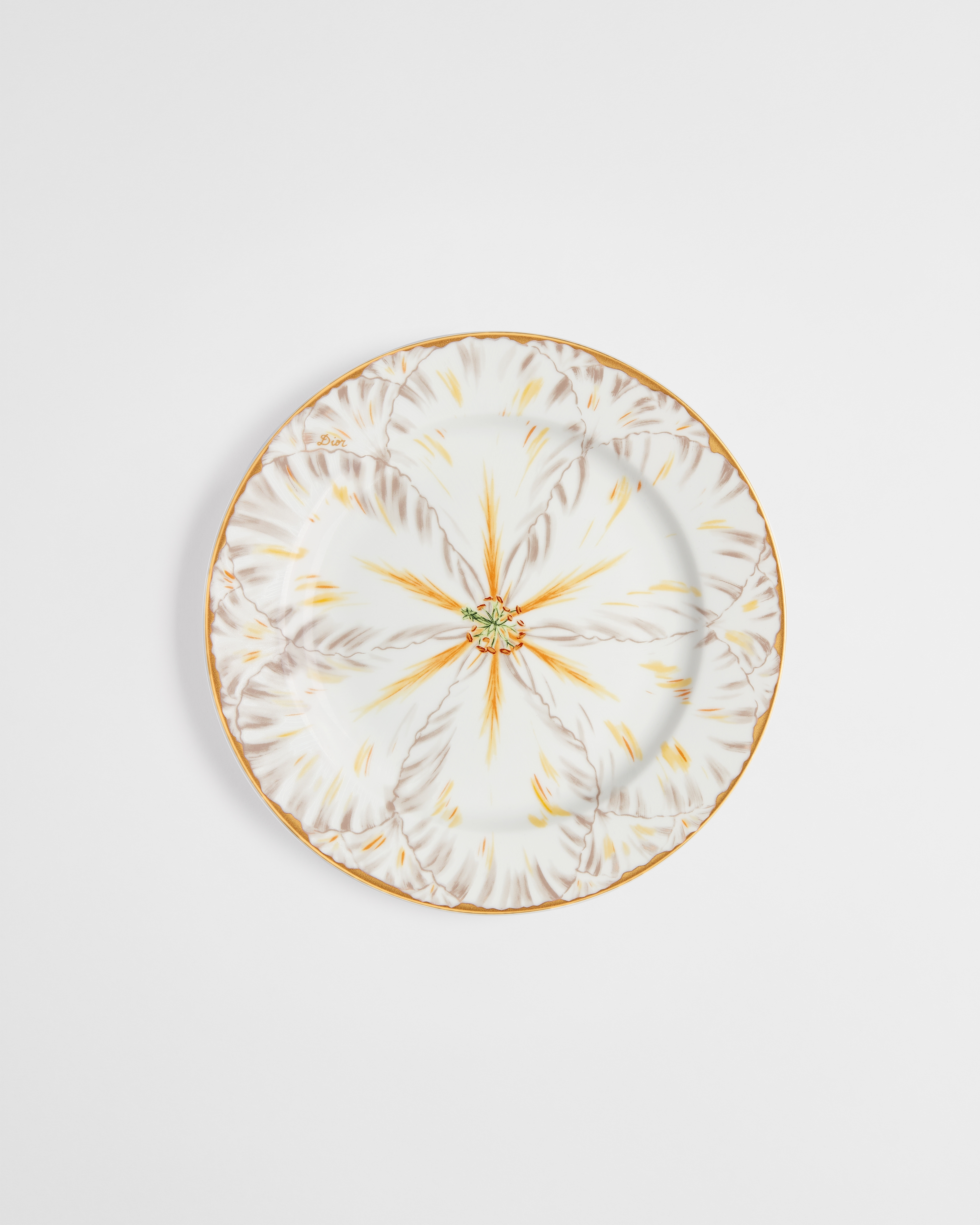 Assiette à dessert Porcelaine de Limoges à motif Champs de Tulipes gris et or 24 carats E01