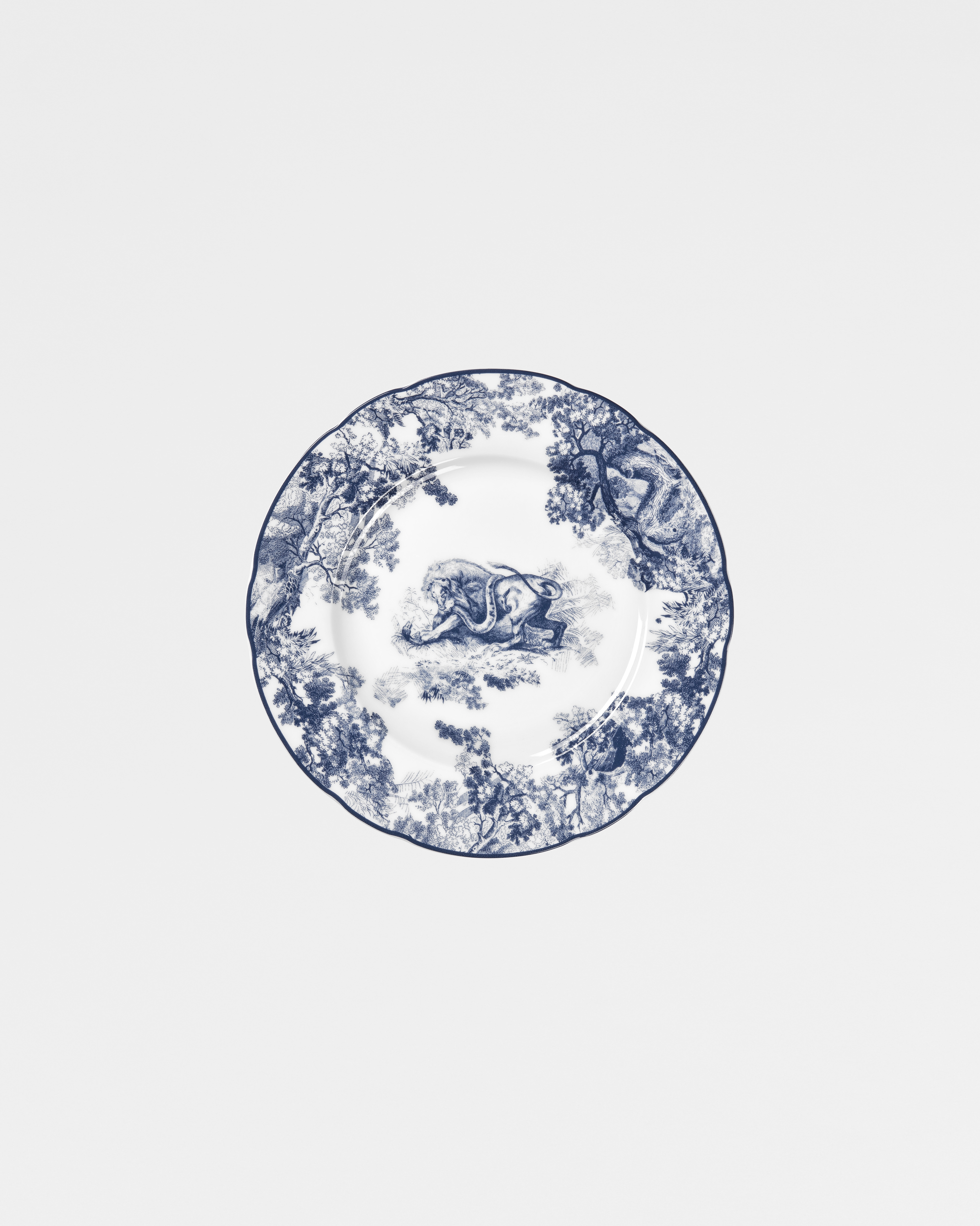 Piatto da dessert Toile de Jouy blu con leone E01