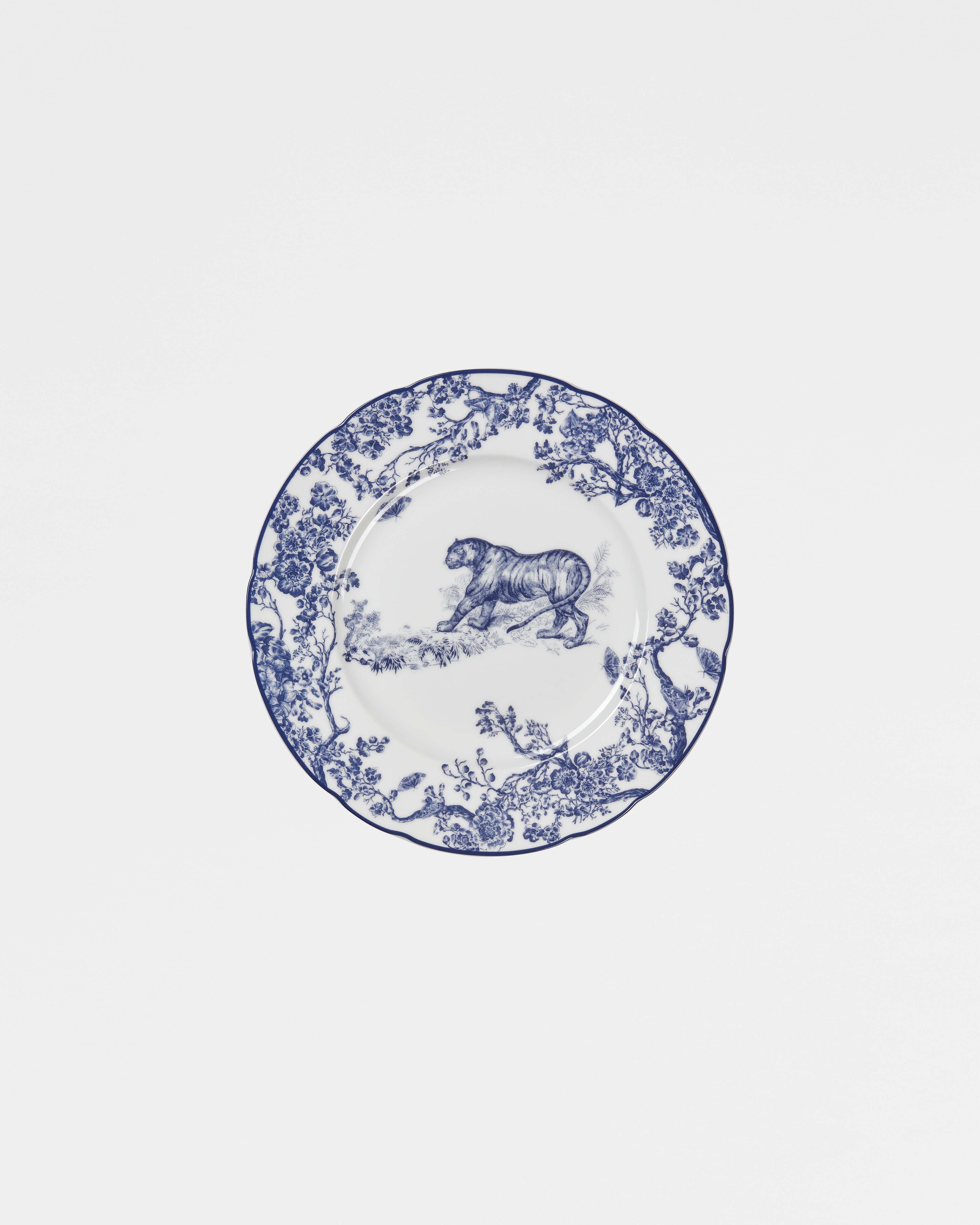Piatto da dessert Toile de Jouy blu con tigre E01