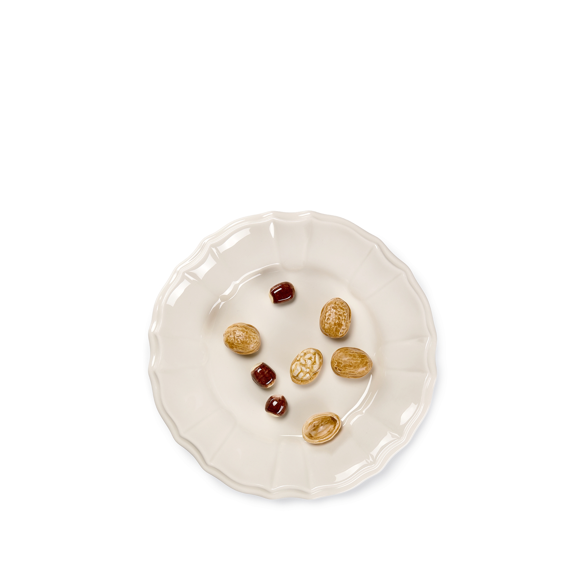 Decorative Plate Ecru Ceramic with Walnut and Hazelnut Trompe-l'Oeil Motif E01
