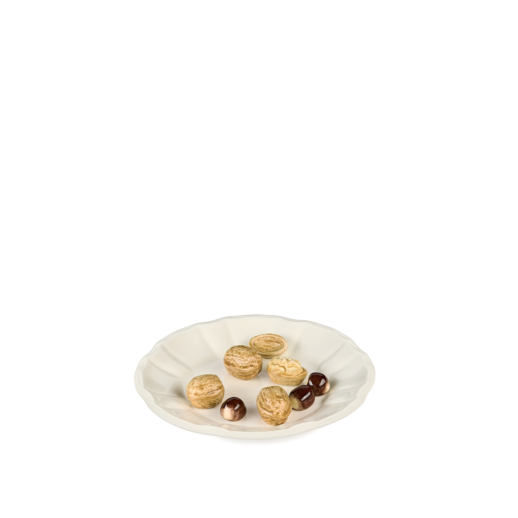 Small Decorative Plate Ecru Ceramic with Walnut and Hazelnut Trompe-l'Oeil Motif E10
