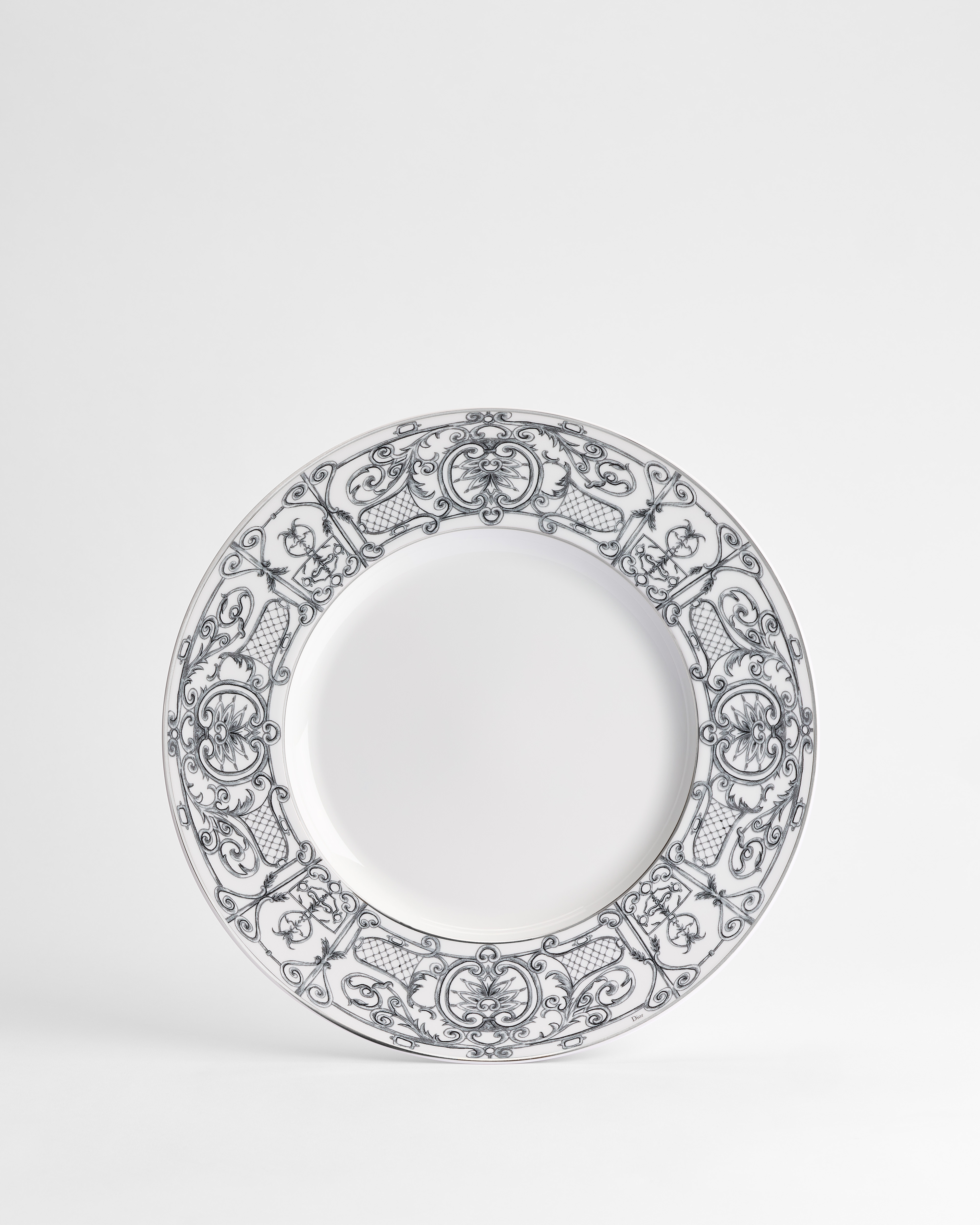 Decorative Plate White Limoges Porcelain with Gray Balustrade Motif and Platinum E01