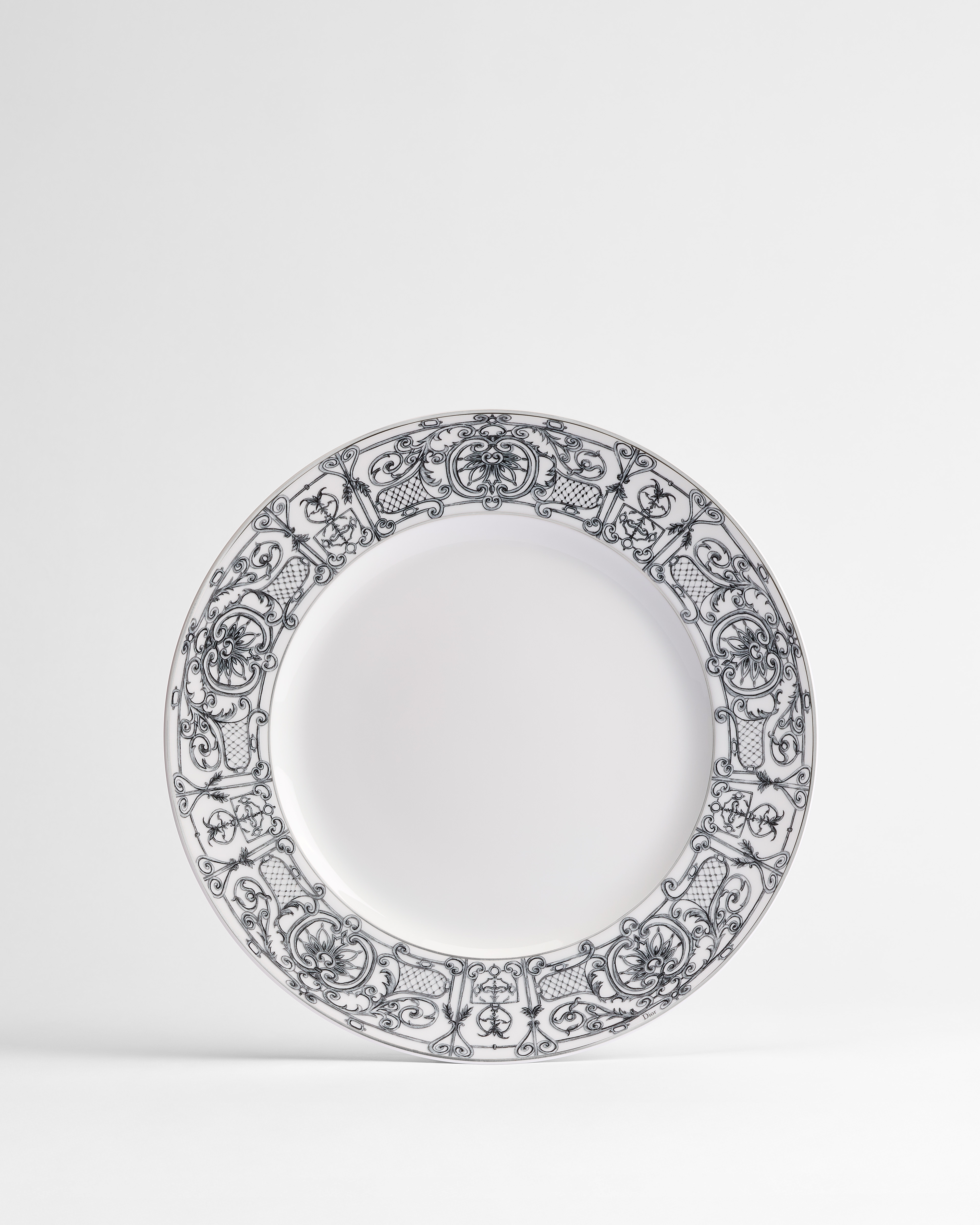 Dinner Plate White Limoges Porcelain with Gray Balustrade Motif and Platinum E01