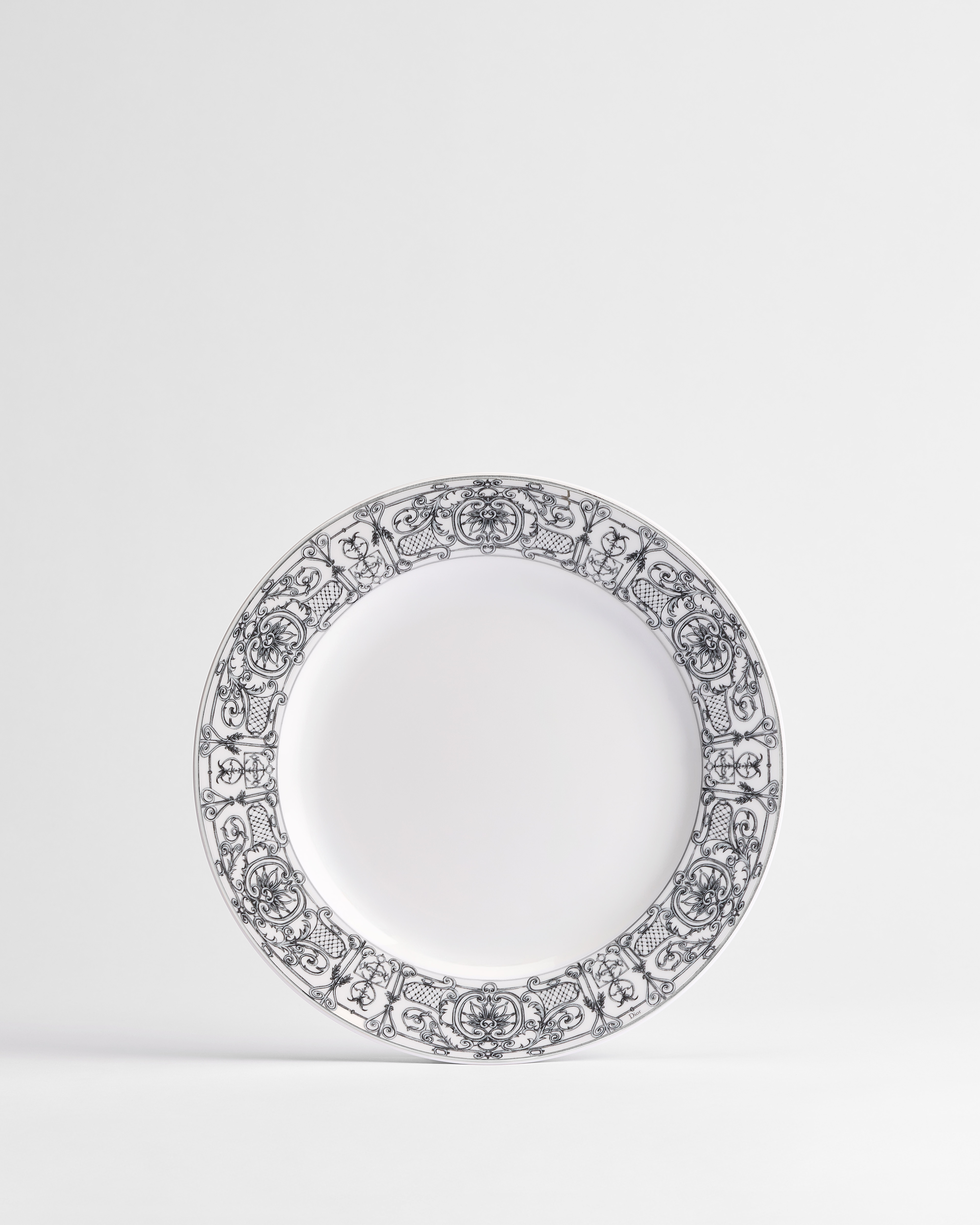 Dessert Plate White Limoges Porcelain with Gray Balustrade Motif and Platinum E01