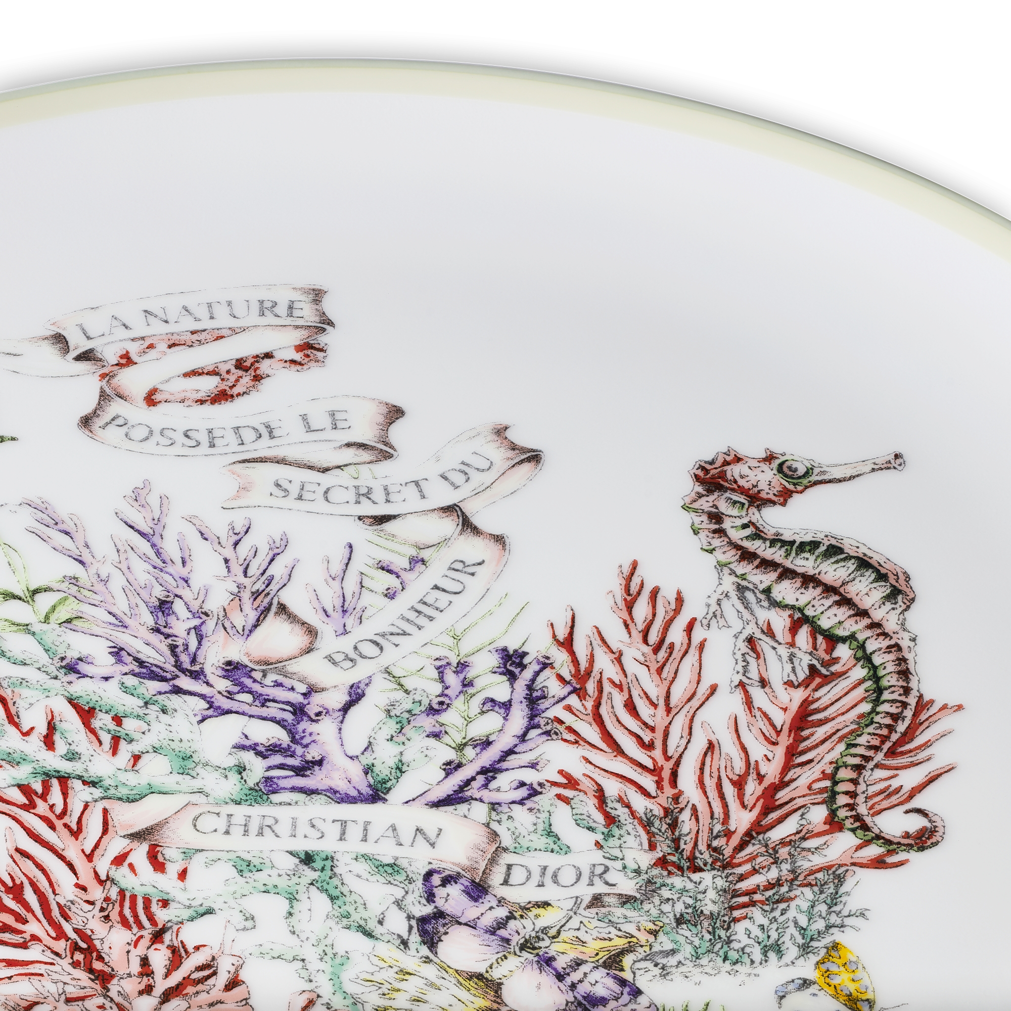 Dessert Plate White Limoges Porcelain with Multicolor Dior Cabinet de la Mer Motif E09