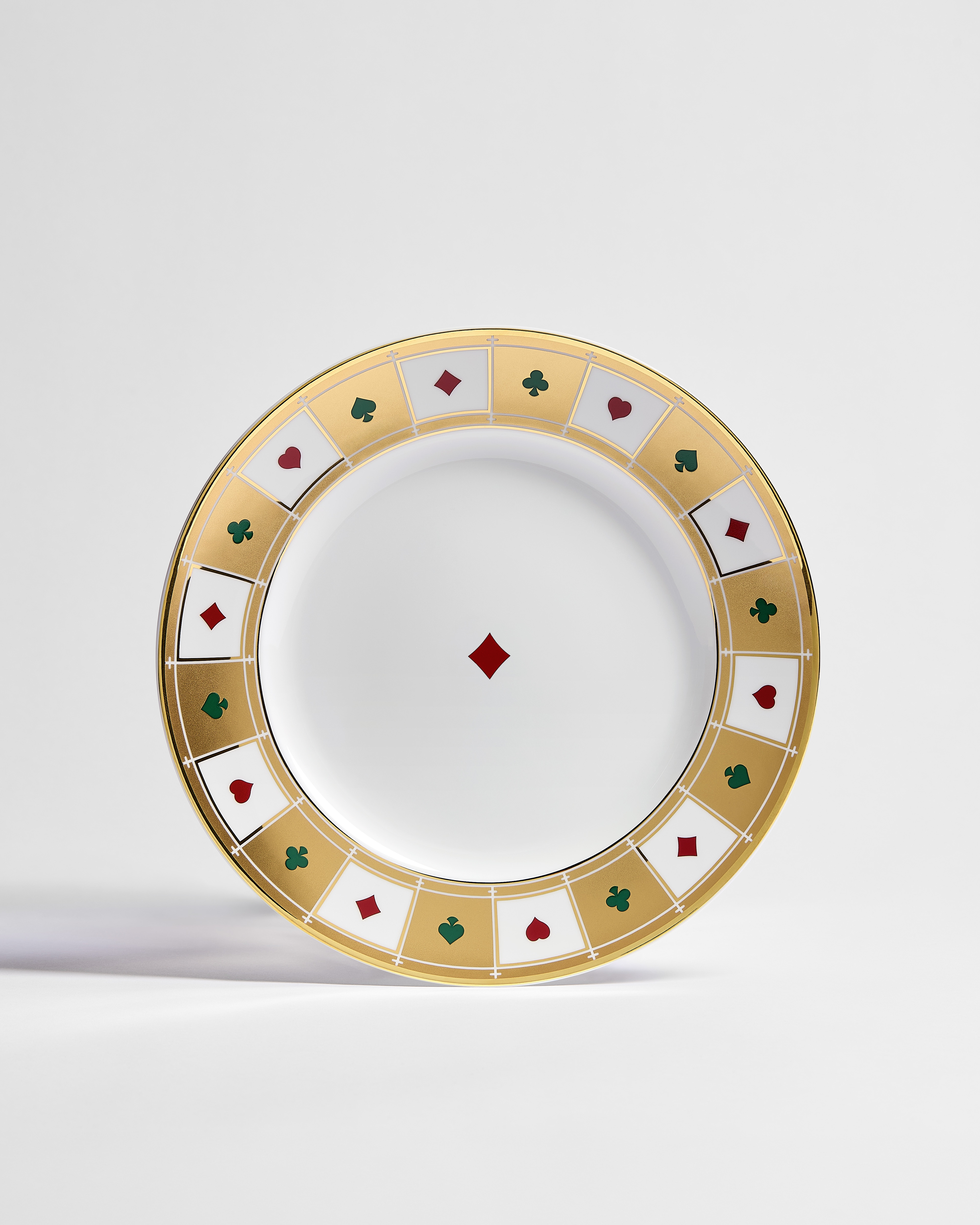 Speiseteller Limoges-Porzellan in Weiß mit Bal des Jeux Karo Motiv in mehreren Farben und 24-karätigem Gold E01