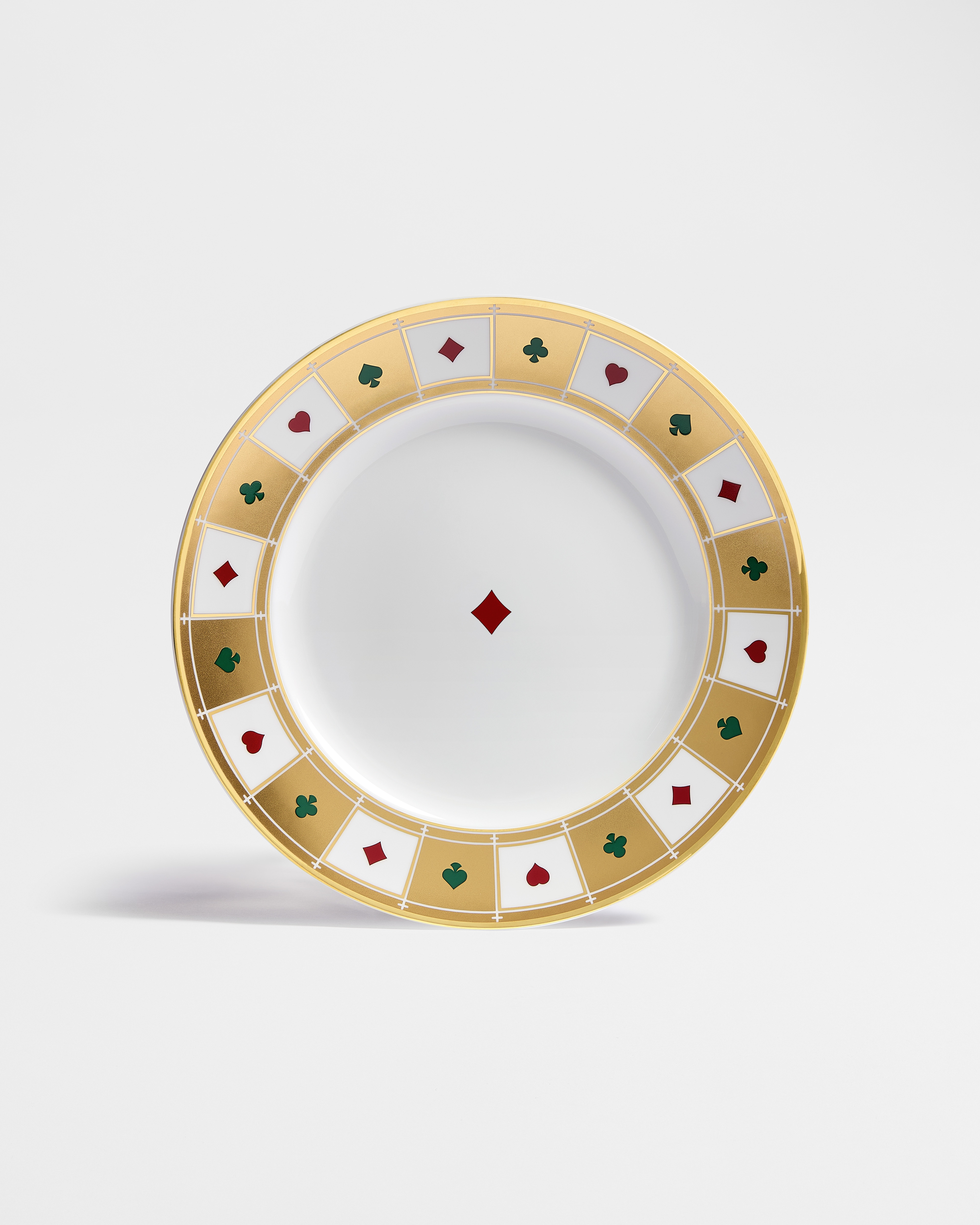 Piatto piano  Porcellana di Limoges bianca e motivo con il seme dei quadri Bal des Jeux multicolore con oro 24 carati E01