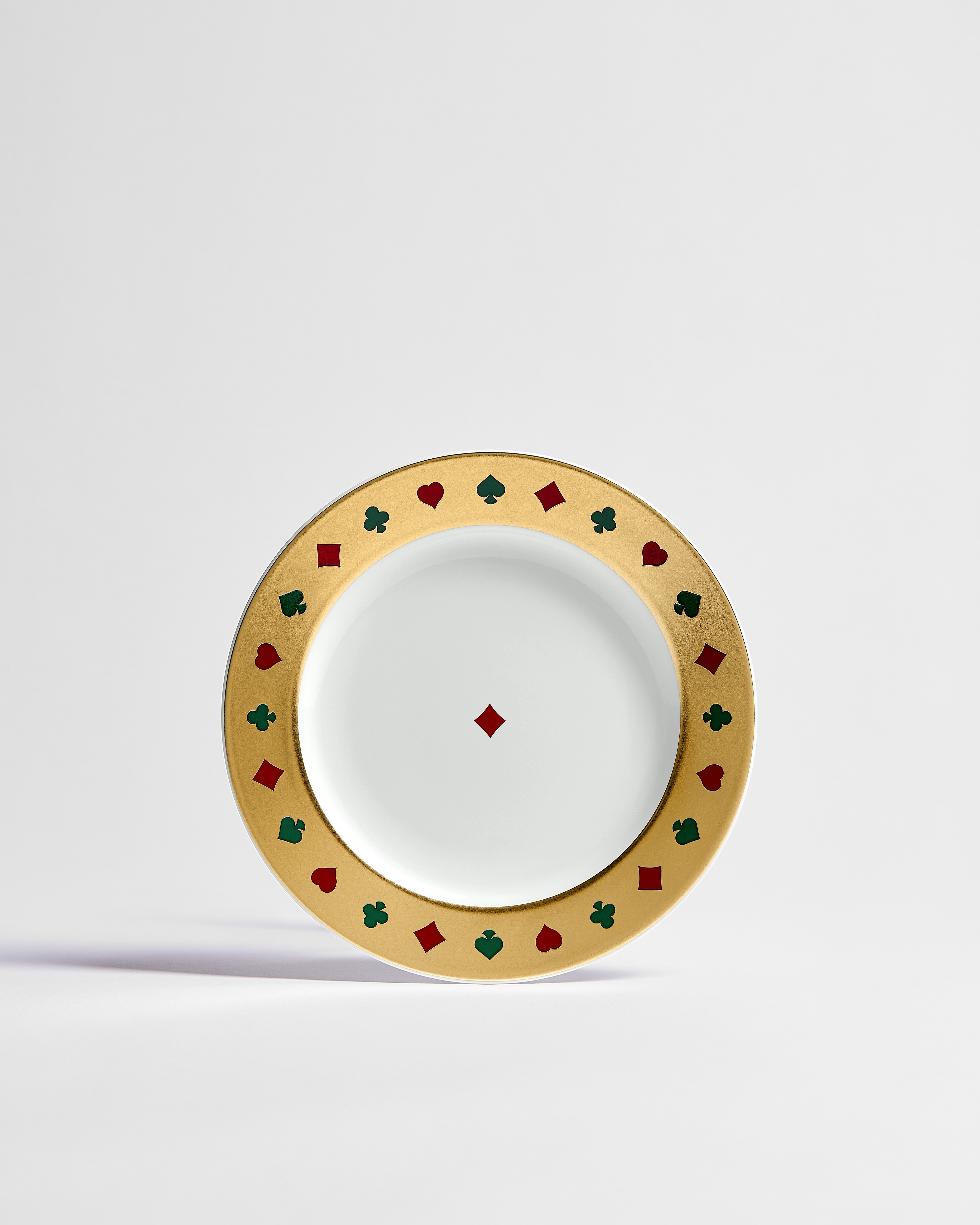 Dessertteller Limoges-Porzellan in Weiß mit Bal des Jeux Karo Motiv in mehreren Farben und 24-karätigem Gold E01