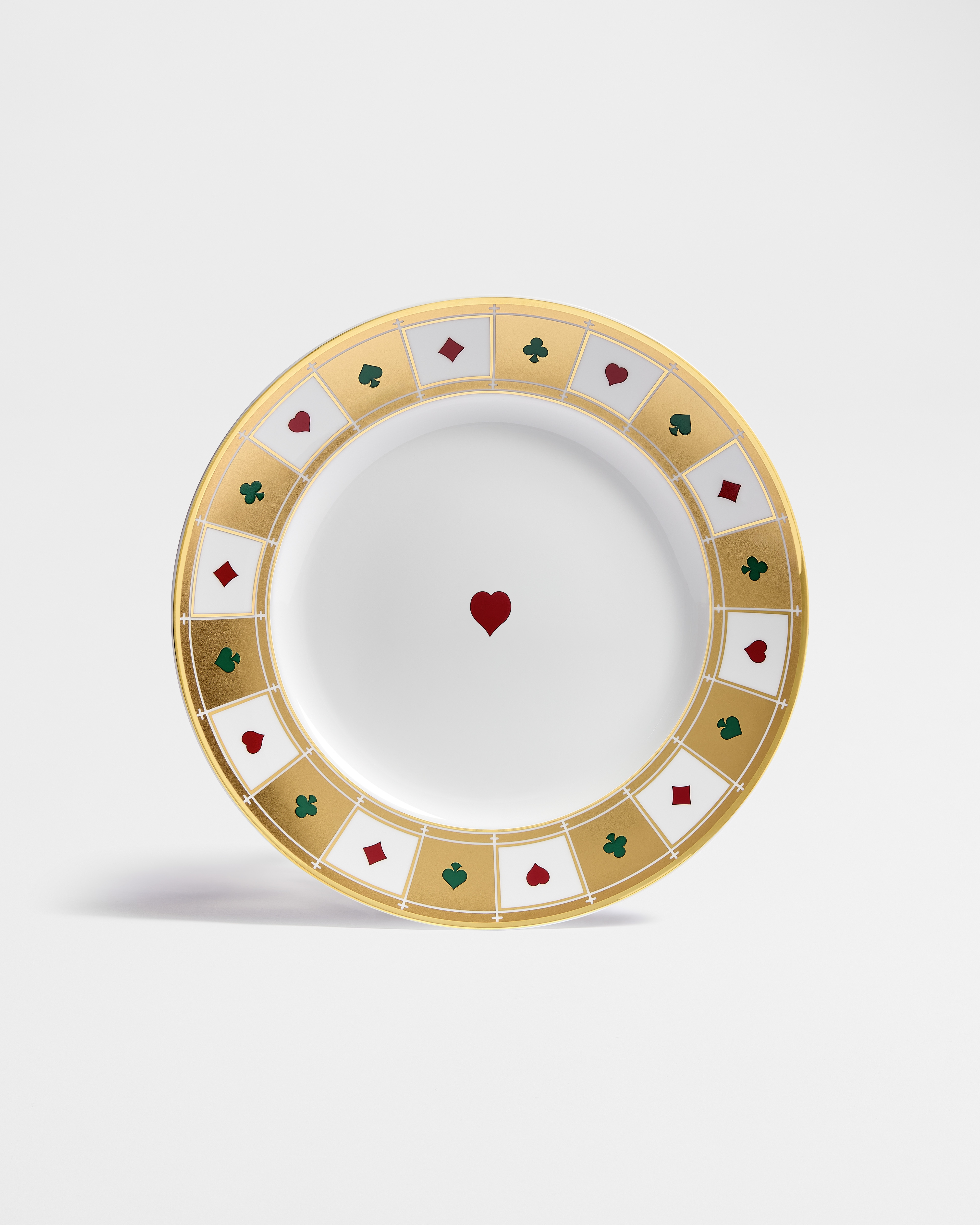 Piatto piano  Porcellana di Limoges bianca e motivo con il seme dei cuori Bal des Jeux multicolore con oro 24 carati E01
