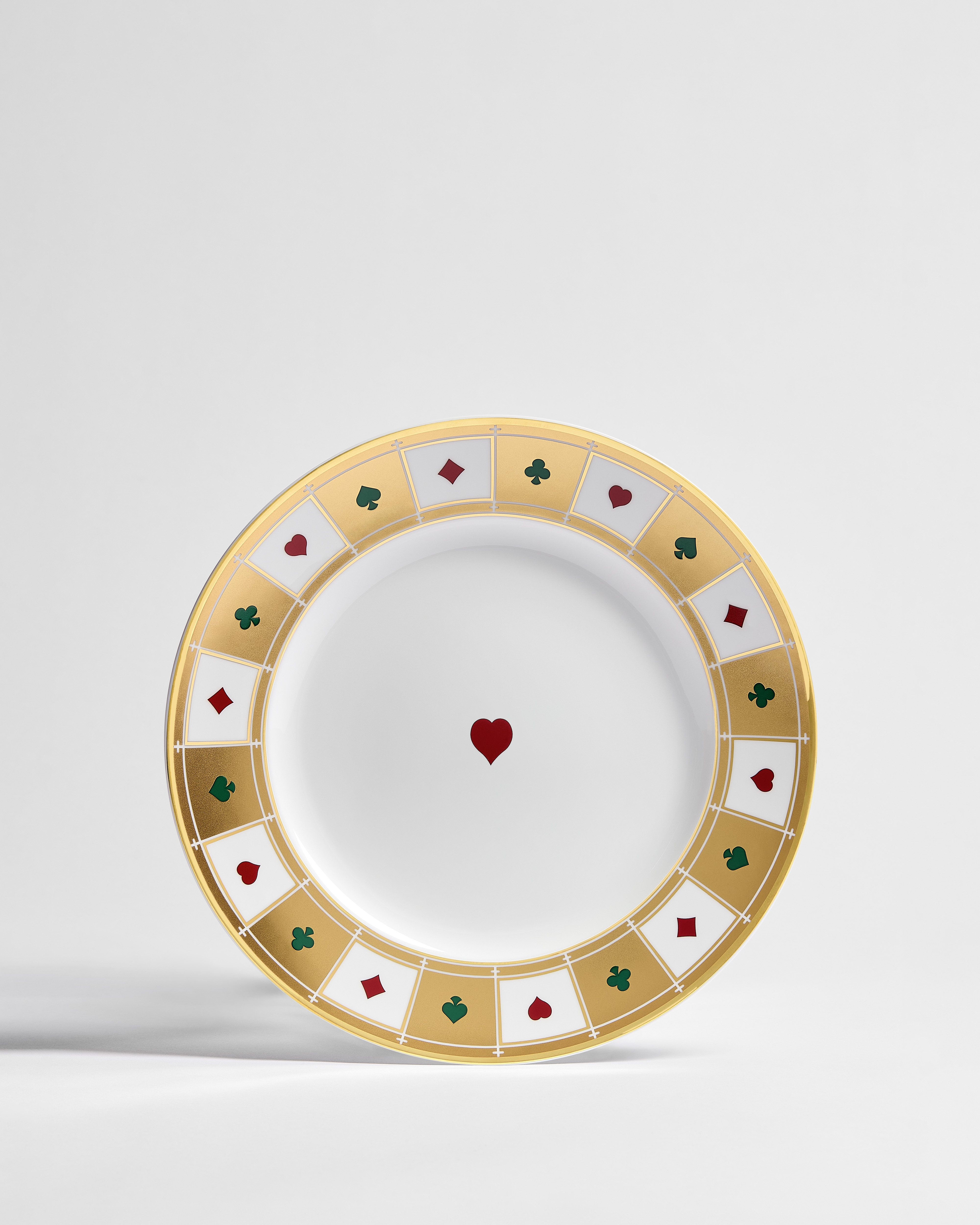 Speiseteller Limoges-Porzellan in Weiß mit Bal des Jeux Herz Motiv in mehreren Farben und 24-karätigem Gold E01