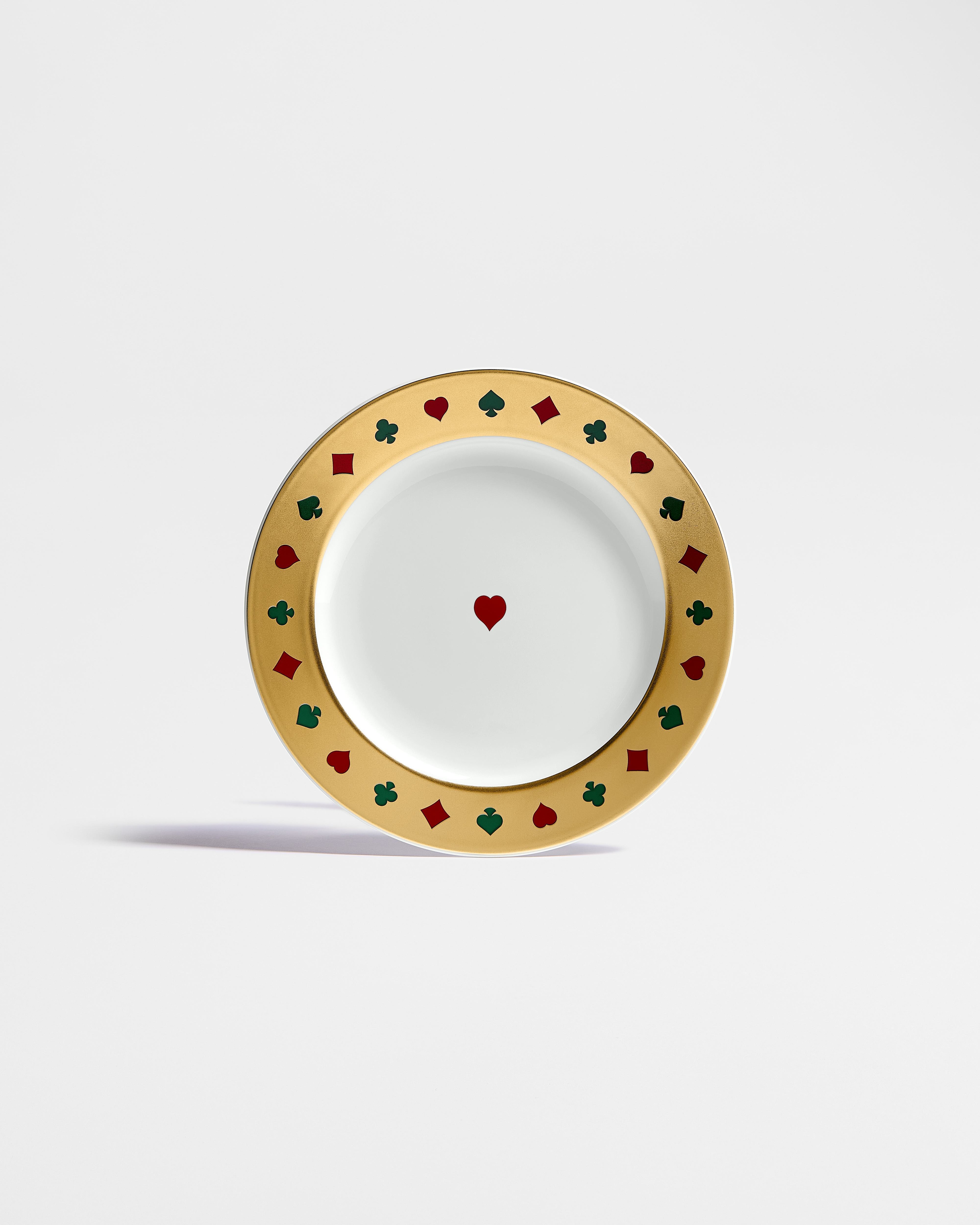 Piatto da dessert Porcellana di Limoges bianca e motivo con il seme dei cuori Bal des Jeux multicolore con oro 24 carati E01