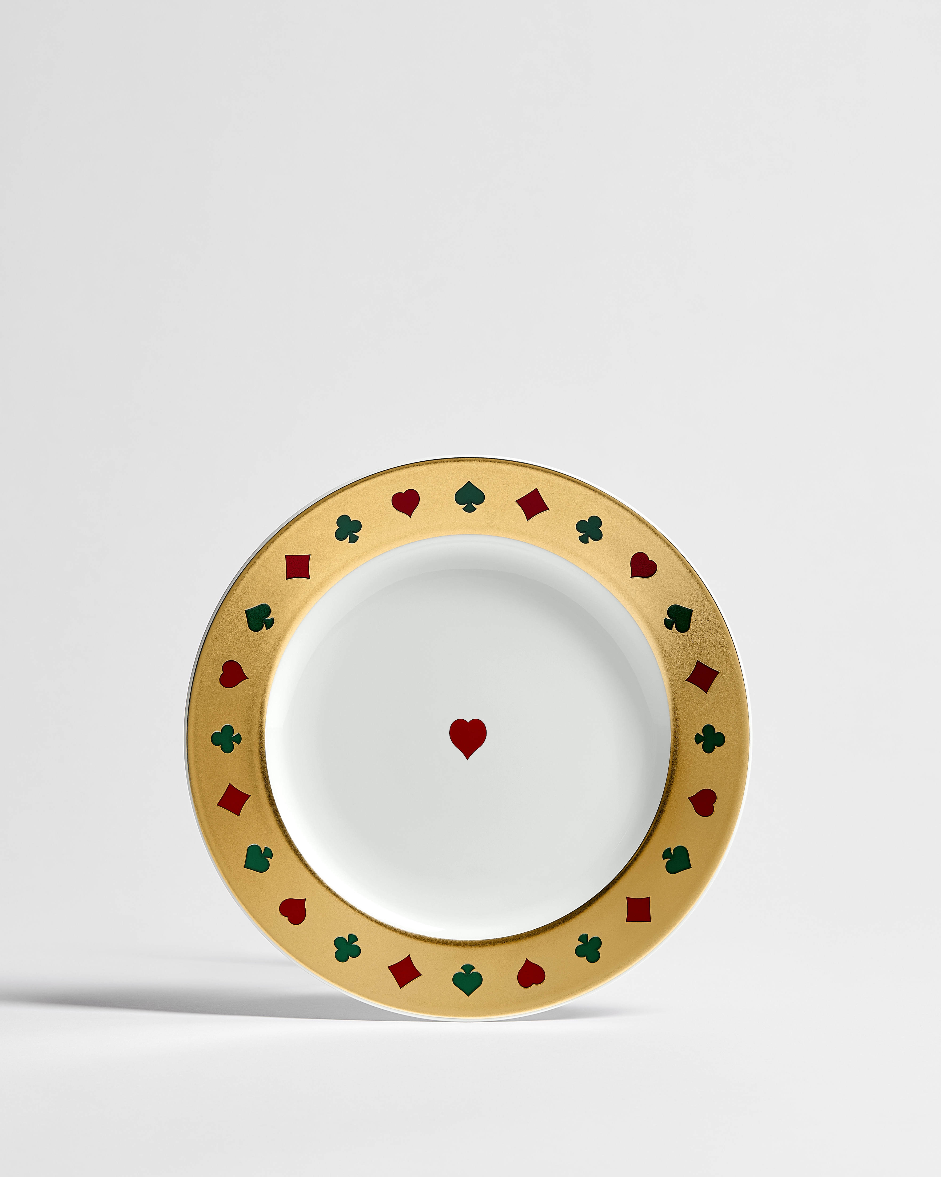 Dessertteller Limoges-Porzellan in Weiß mit Bal des Jeux Herz Motiv in mehreren Farben und 24-karätigem Gold E01