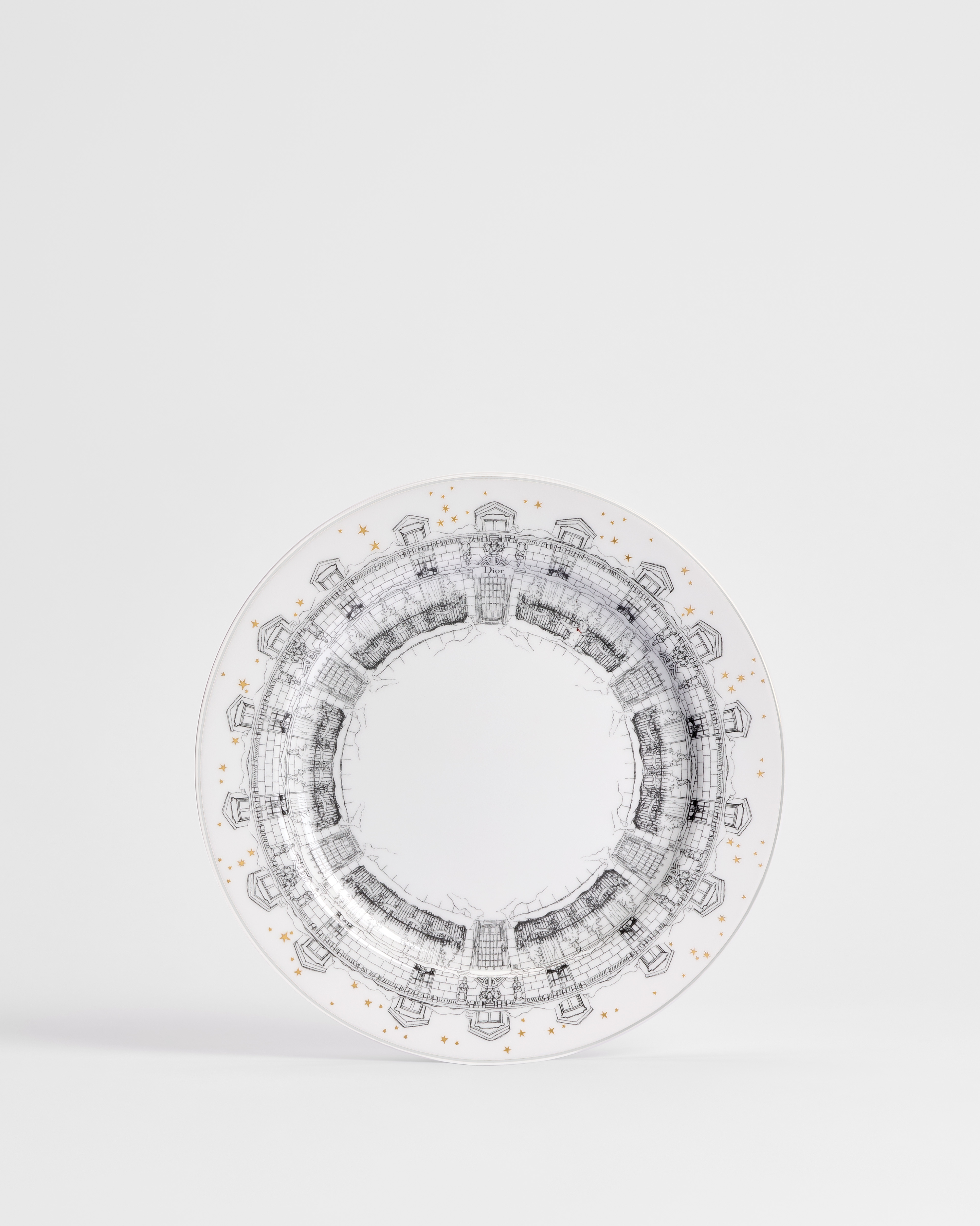 Plato para postre Porcelana de Limoges blanca con motivo Montaigne in the snow gris, oro de 24 quilates y platino E01