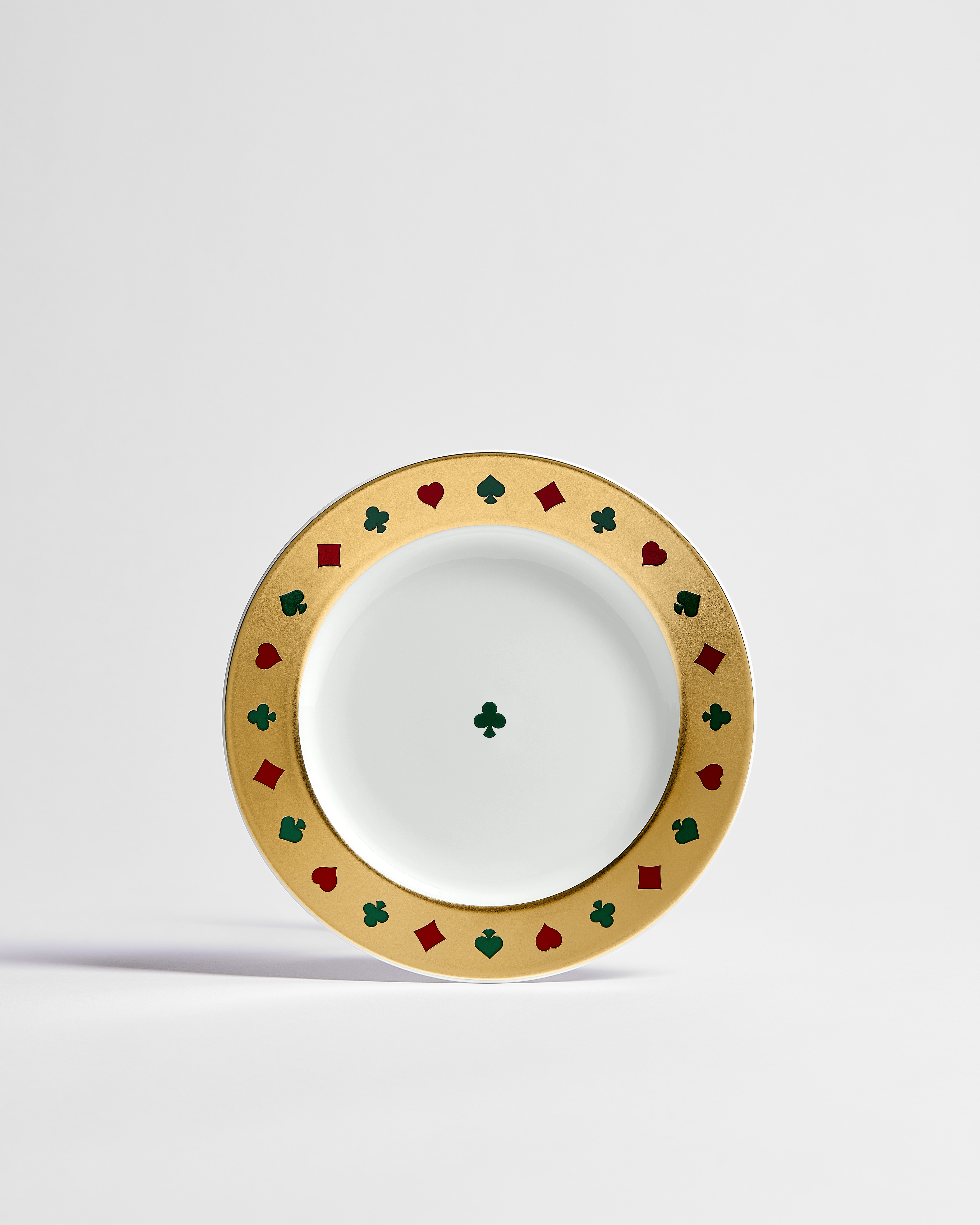 Dessertteller Limoges-Porzellan in Weiß mit Bal des Jeux Kreuz Motiv in mehreren Farben und 24-karätigem Gold E01