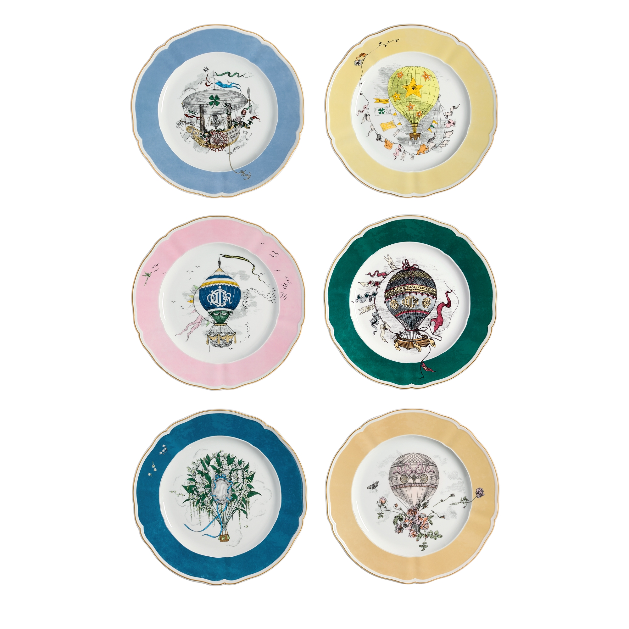 Set of Six Dinner Plates White Limoges Porcelain with Multicolor