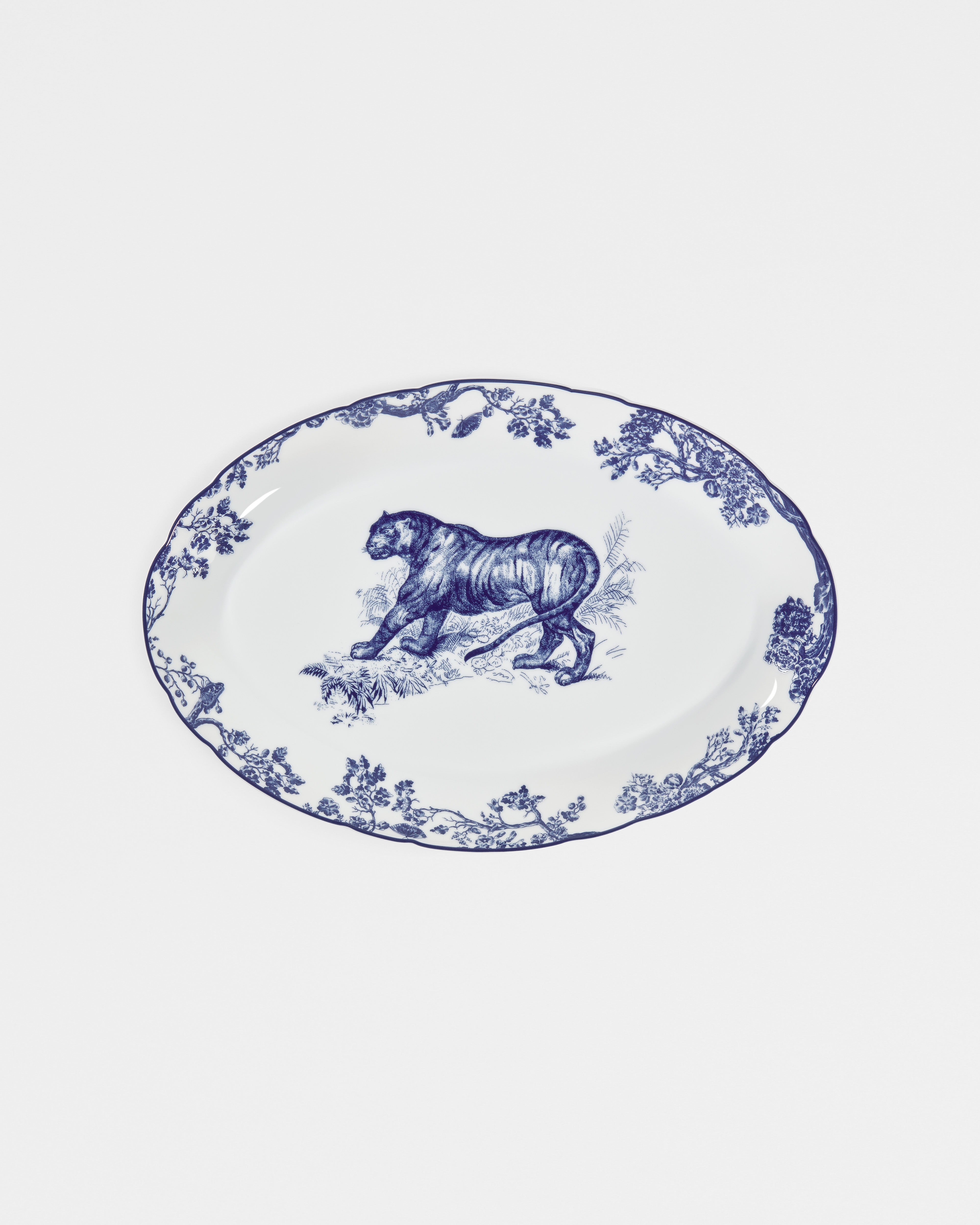 Piatto da portata ovale Toile de Jouy bianco e blu E01