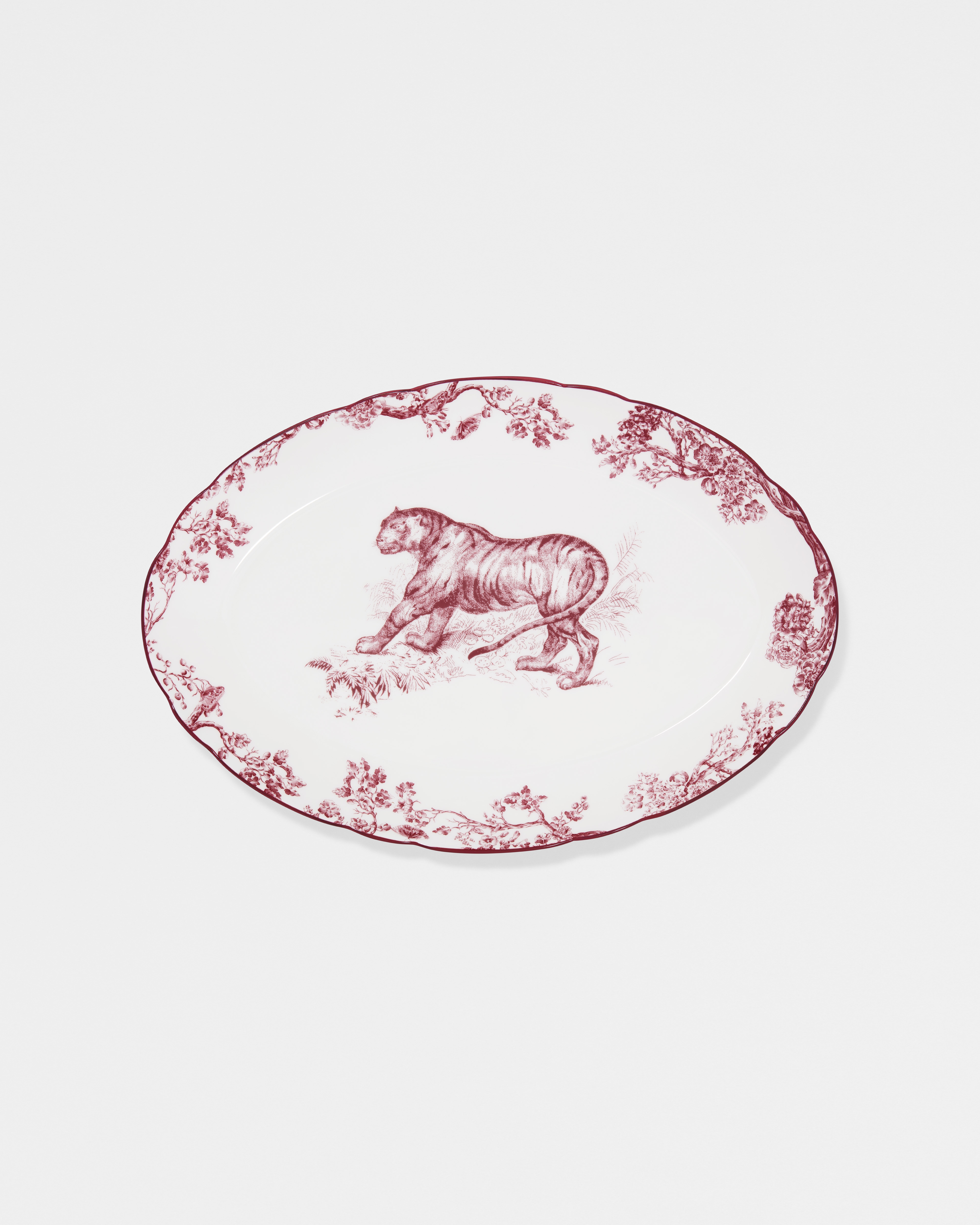 Piatto decorativo ovale Toile de Jouy bordeaux con tigre E01
