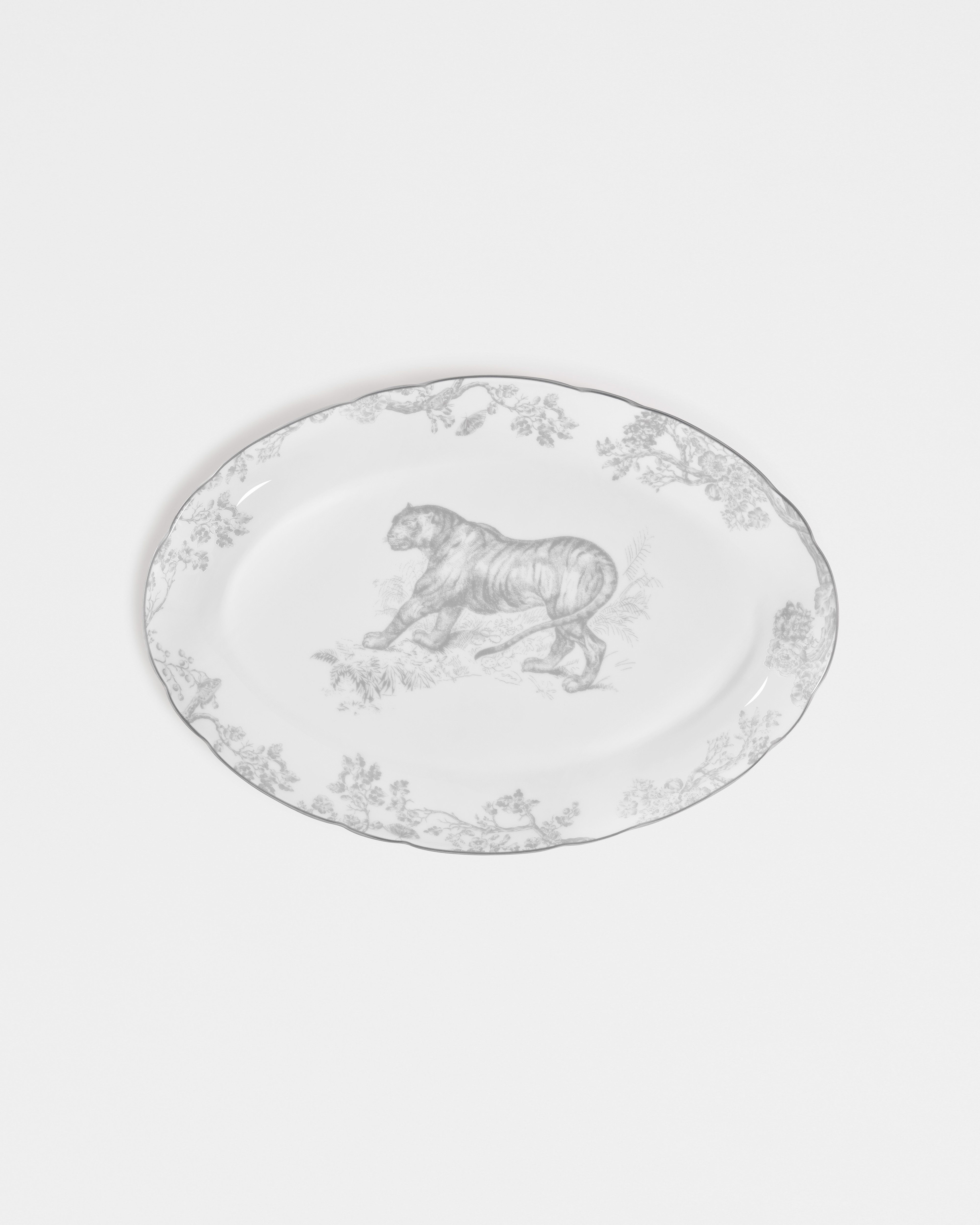 Piatto da portata ovale Toile de Jouy bianco e grigio E01