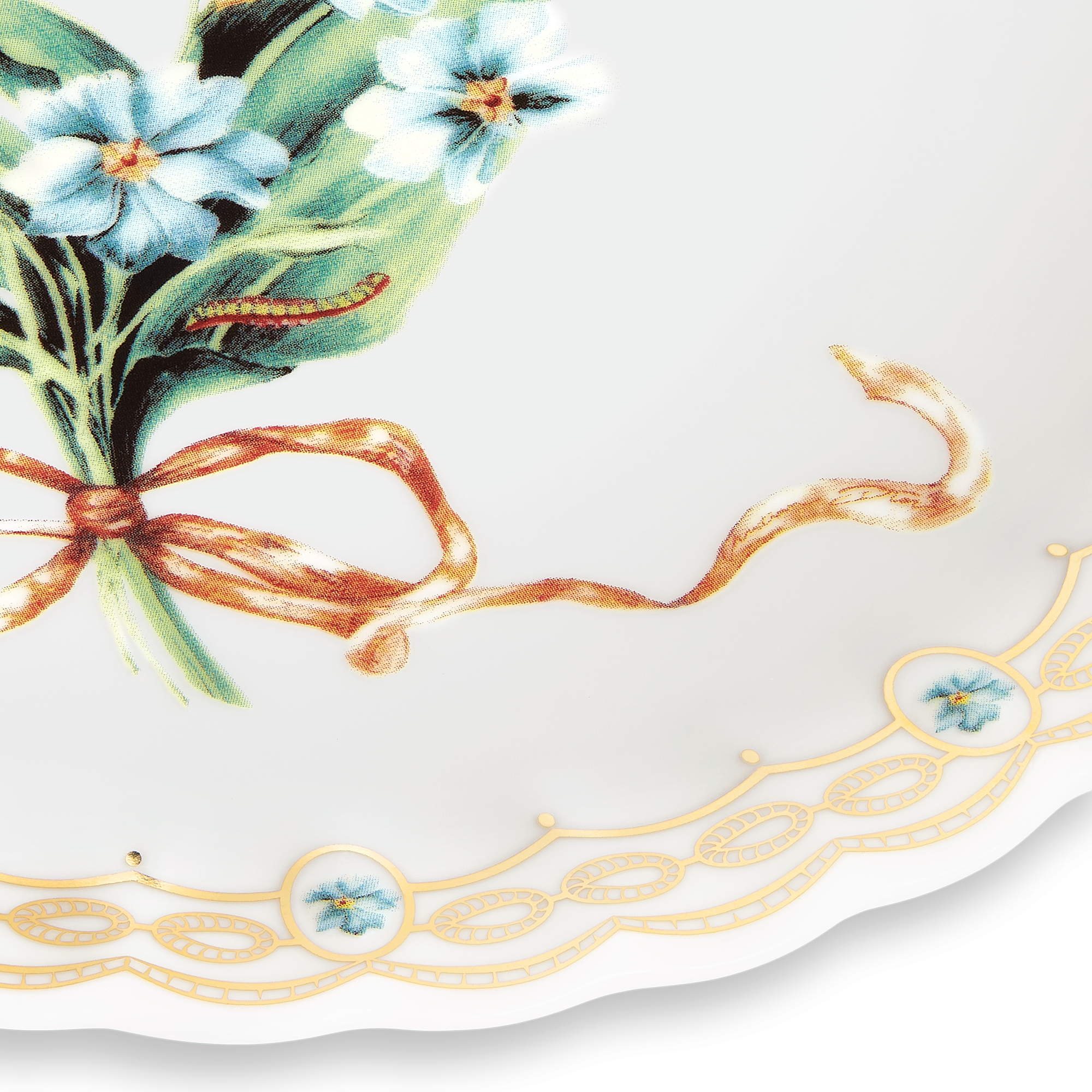 Dessertteller Porzellan mit Myosotis Motiv in mehreren Farben und 24 Karat Gold E09