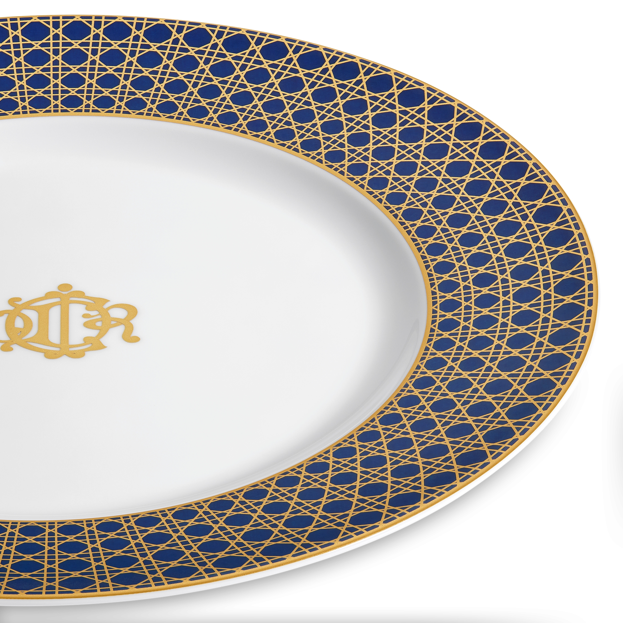 Speiseteller Limoges-Porzellan in Weiß mit Cannage Motiv in Blau und 24-karätigem Gold E09