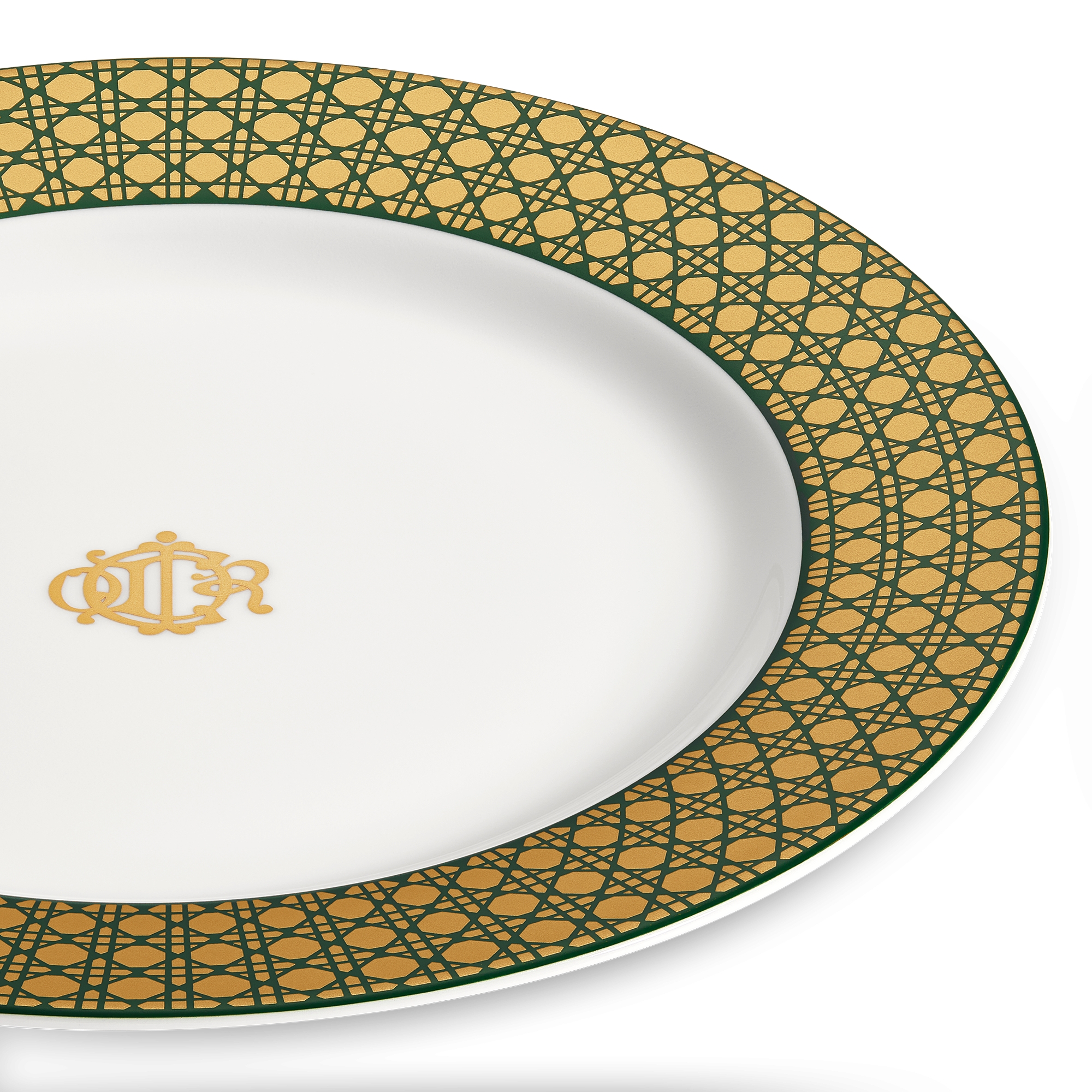 Assiette à dessert Porcelaine de Limoges blanche à motif Cannage vert et or 24 carats E09