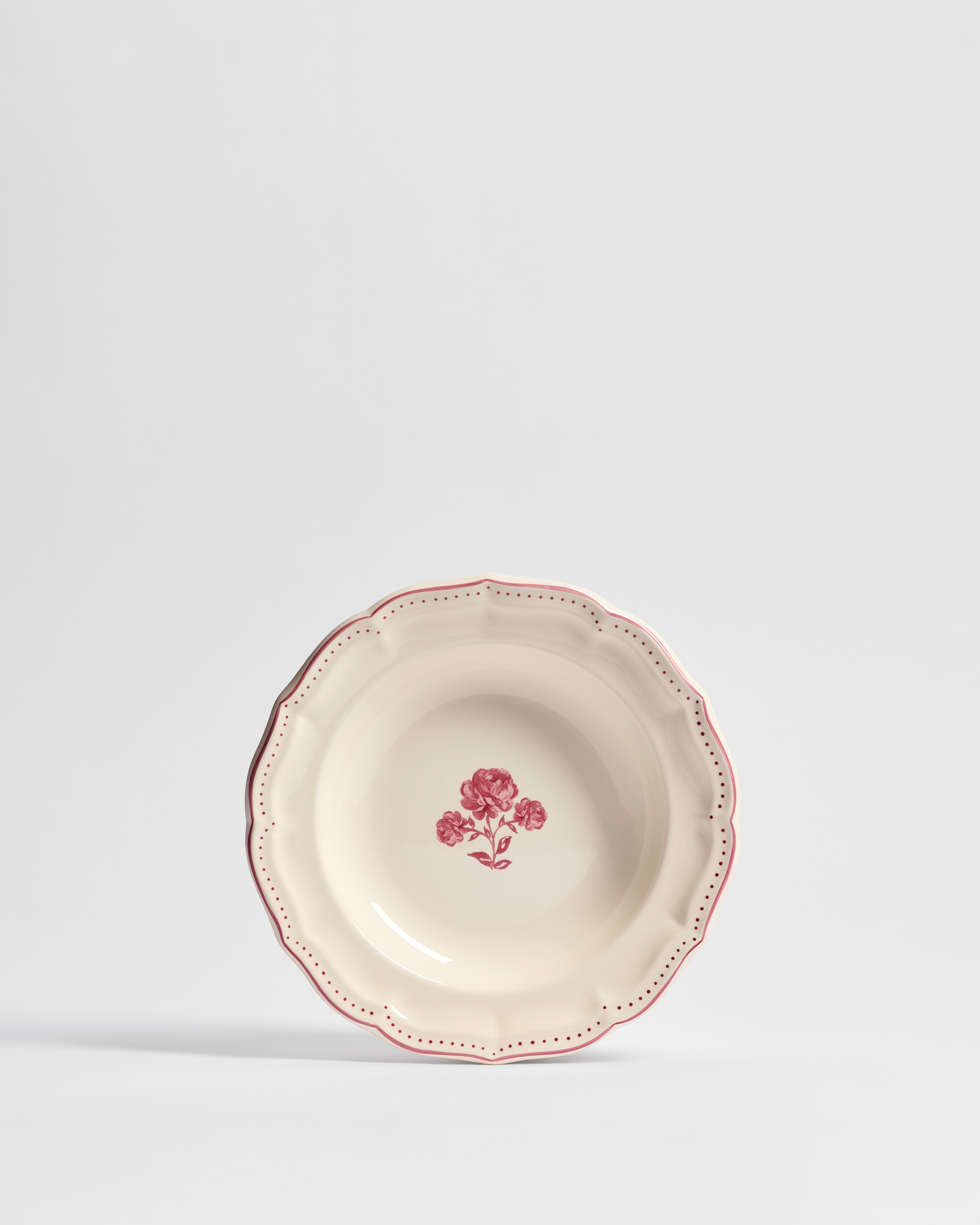 Soup Plate Ecru and Pink Earthenware with Rose Motif E01