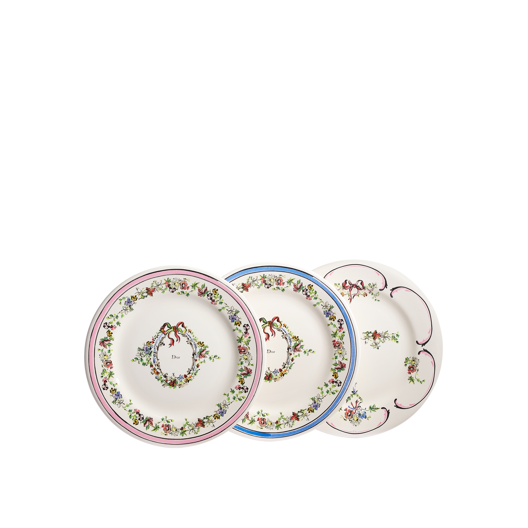 Set of Six Dessert Plates Ecru Ceramic with Multicolor Dior