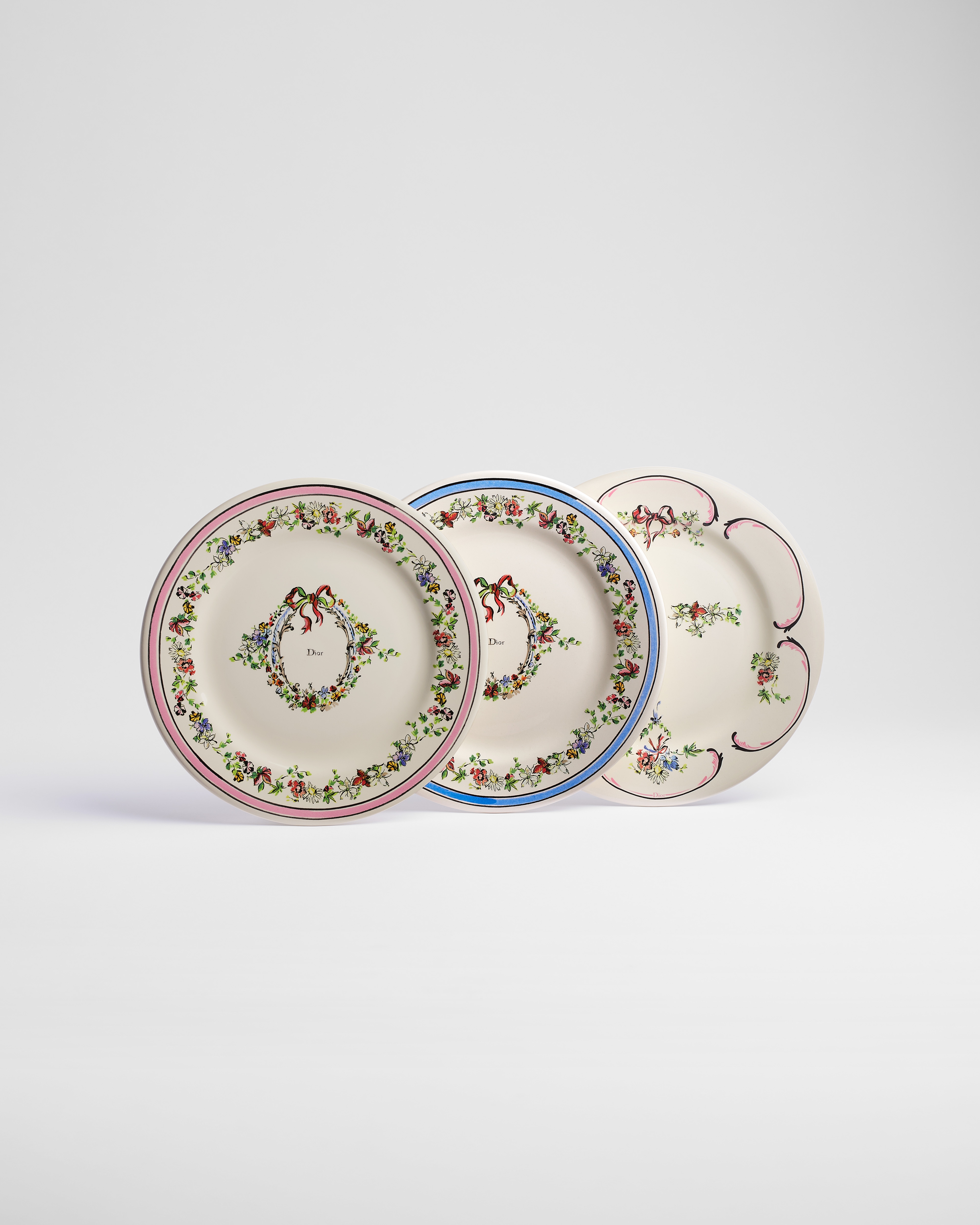 Set of Six Side Plates Ecru Ceramic with Multicolor Dior Arabesque Motif E01