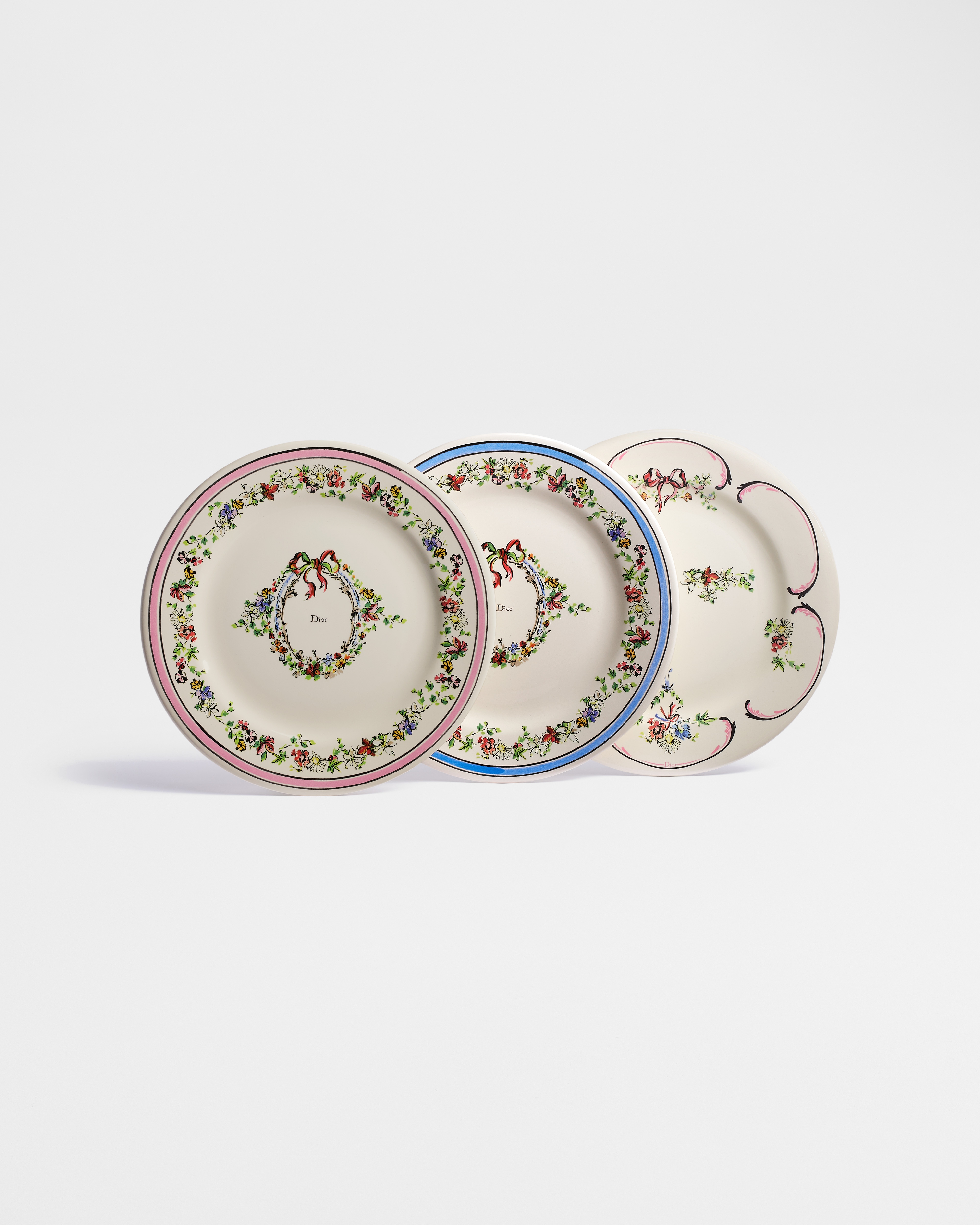 Set of Six Dessert Plates Ecru Ceramic with Multicolor Dior Arabesque Motif E01