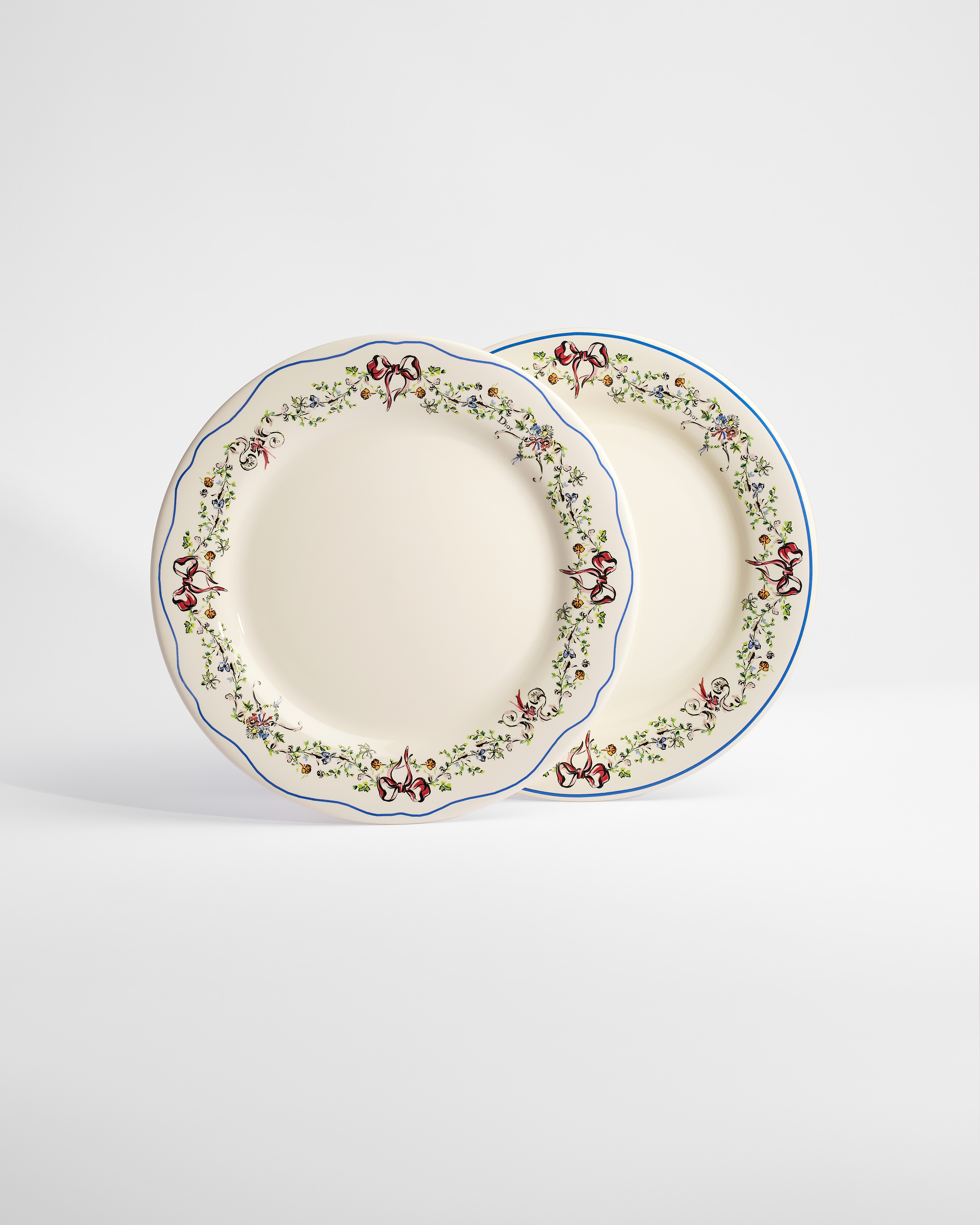 Set of Six Dinner Plates Ecru Ceramic with Multicolor Dior Arabesque Motif E01