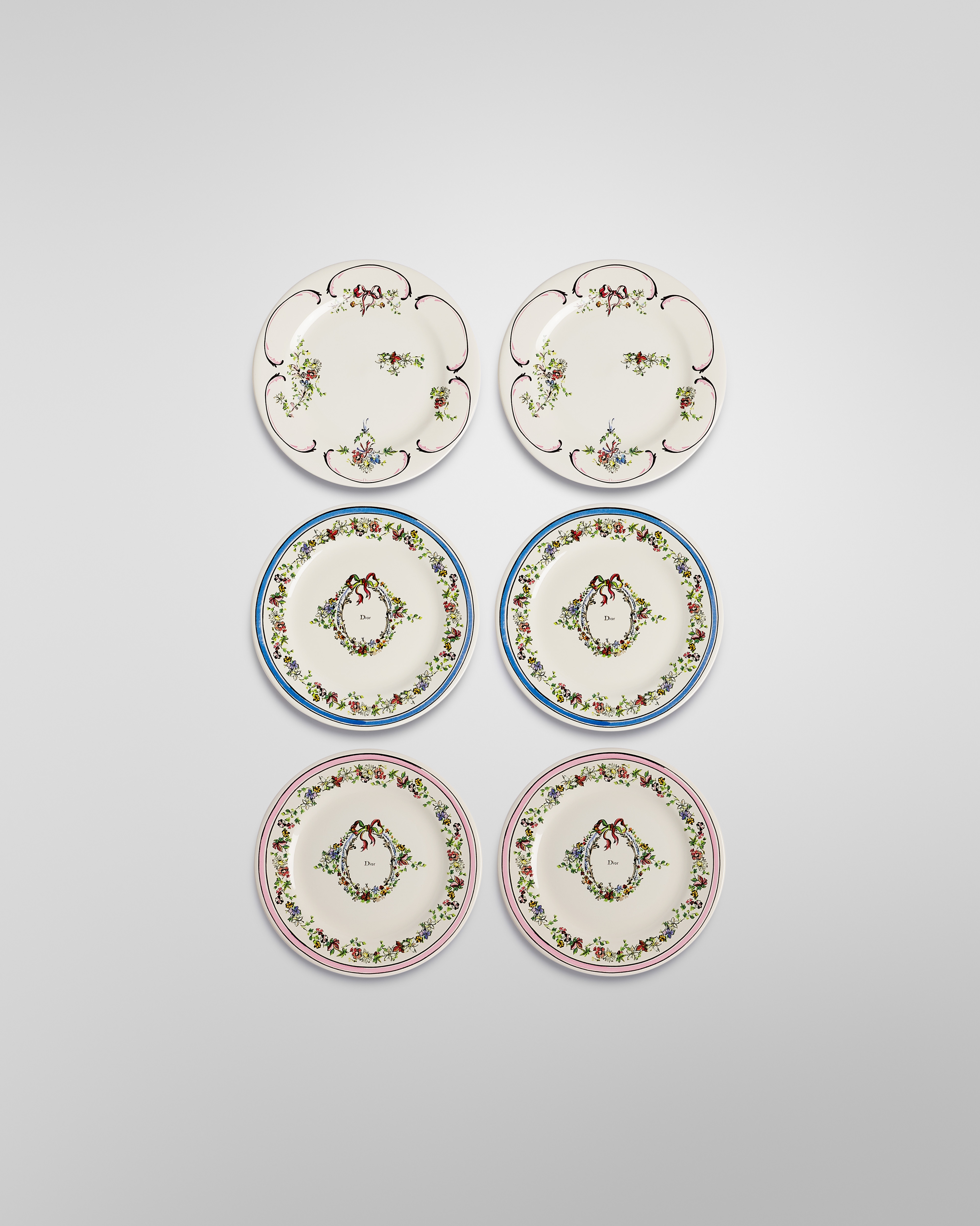Set of Six Side Plates Ecru Ceramic with Multicolor Dior Arabesque