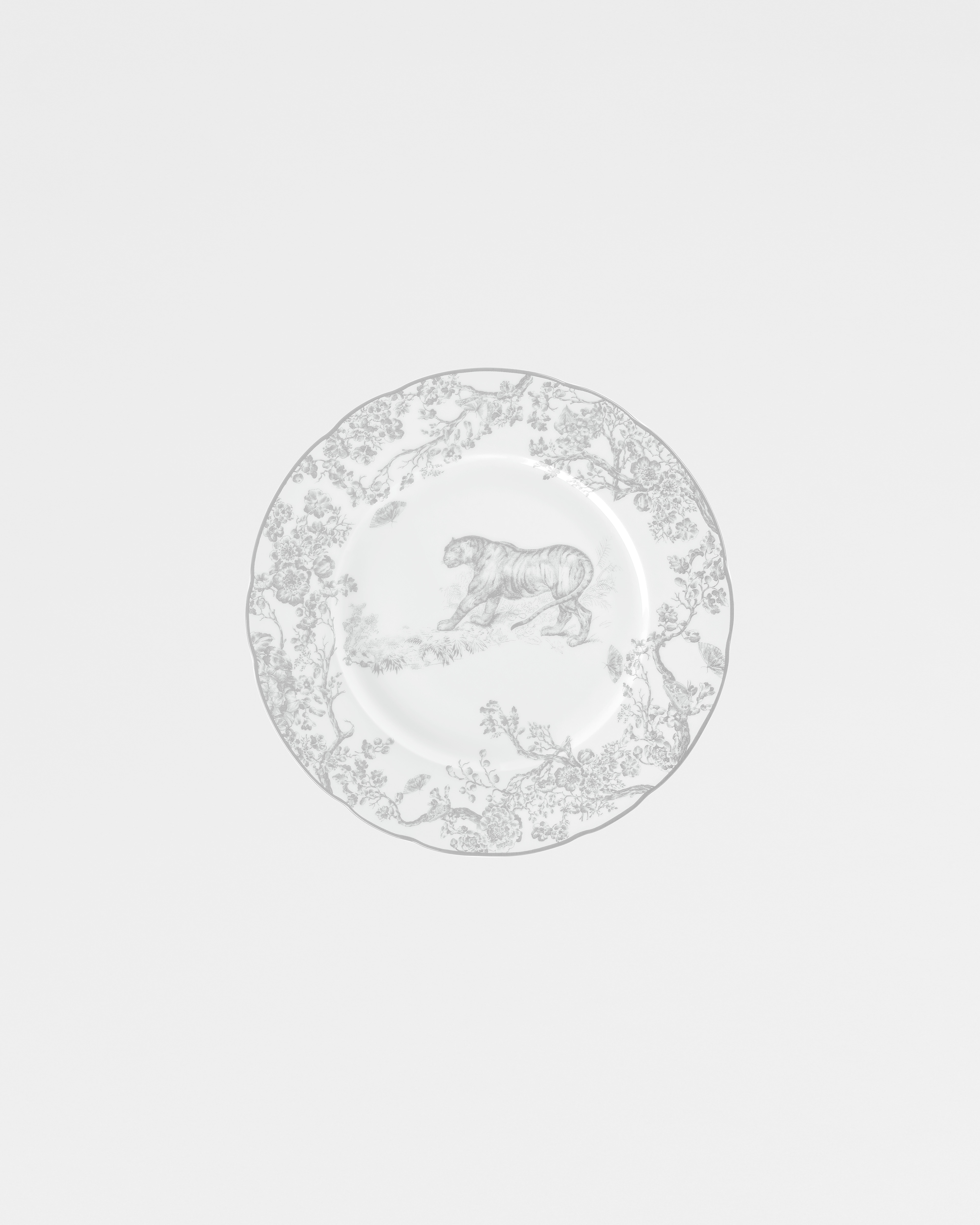 Piatto da dessert Toile de Jouy grigio con tigre E01