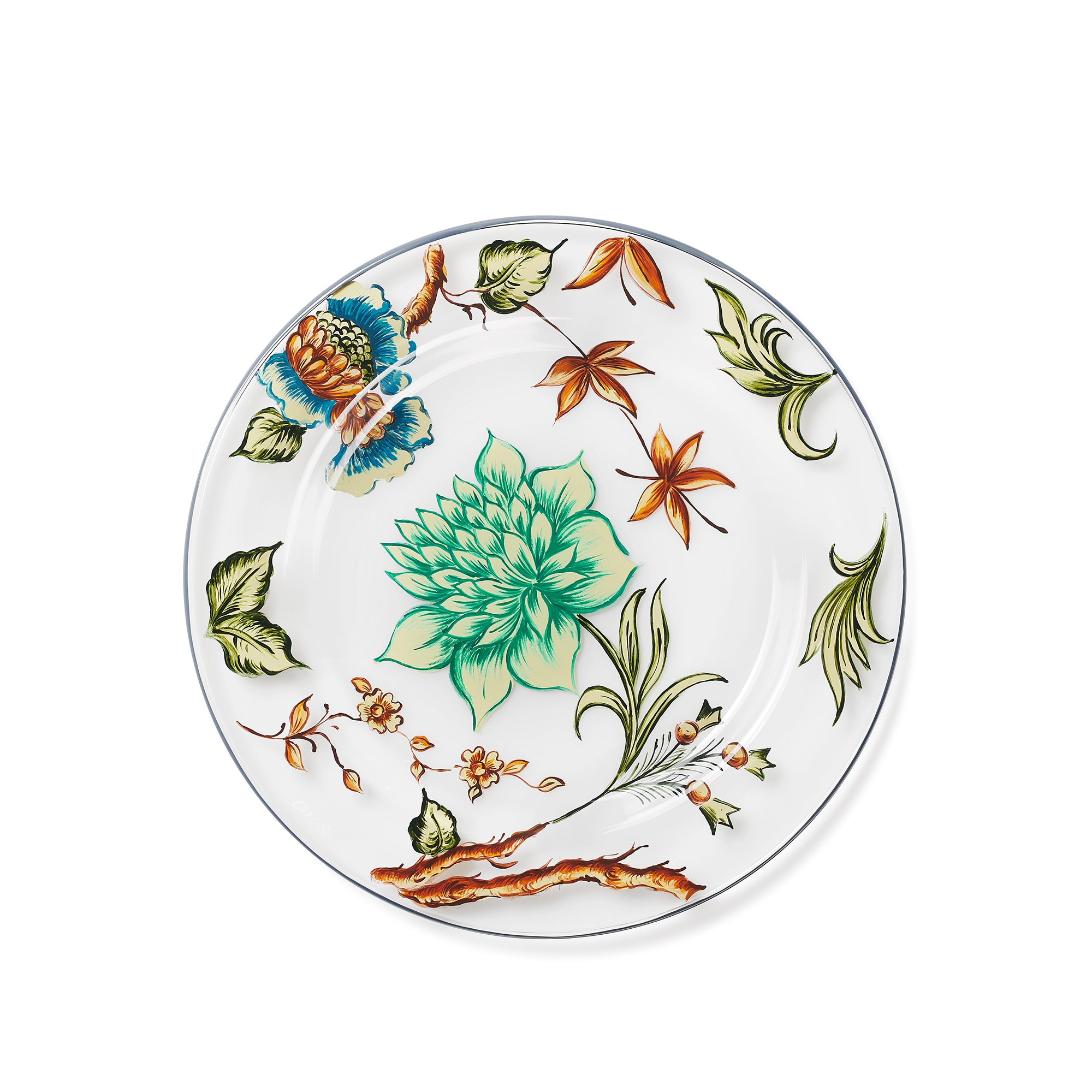 Dessert Plate Glass with Multicolor Thistle Motif E01