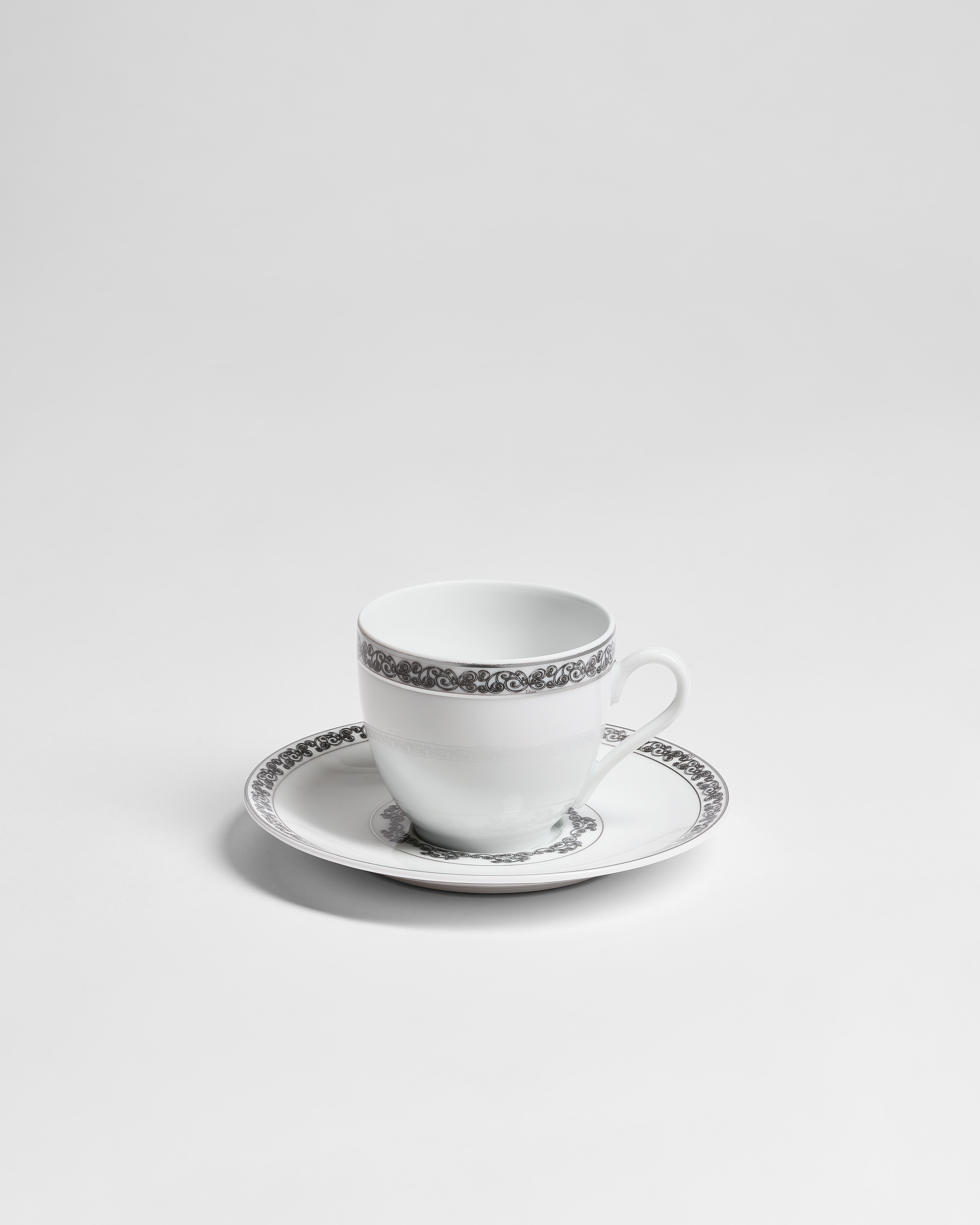 Coffee Cup and Saucer White Limoges Porcelain with Gray Balustrade Motif and Platinum E01