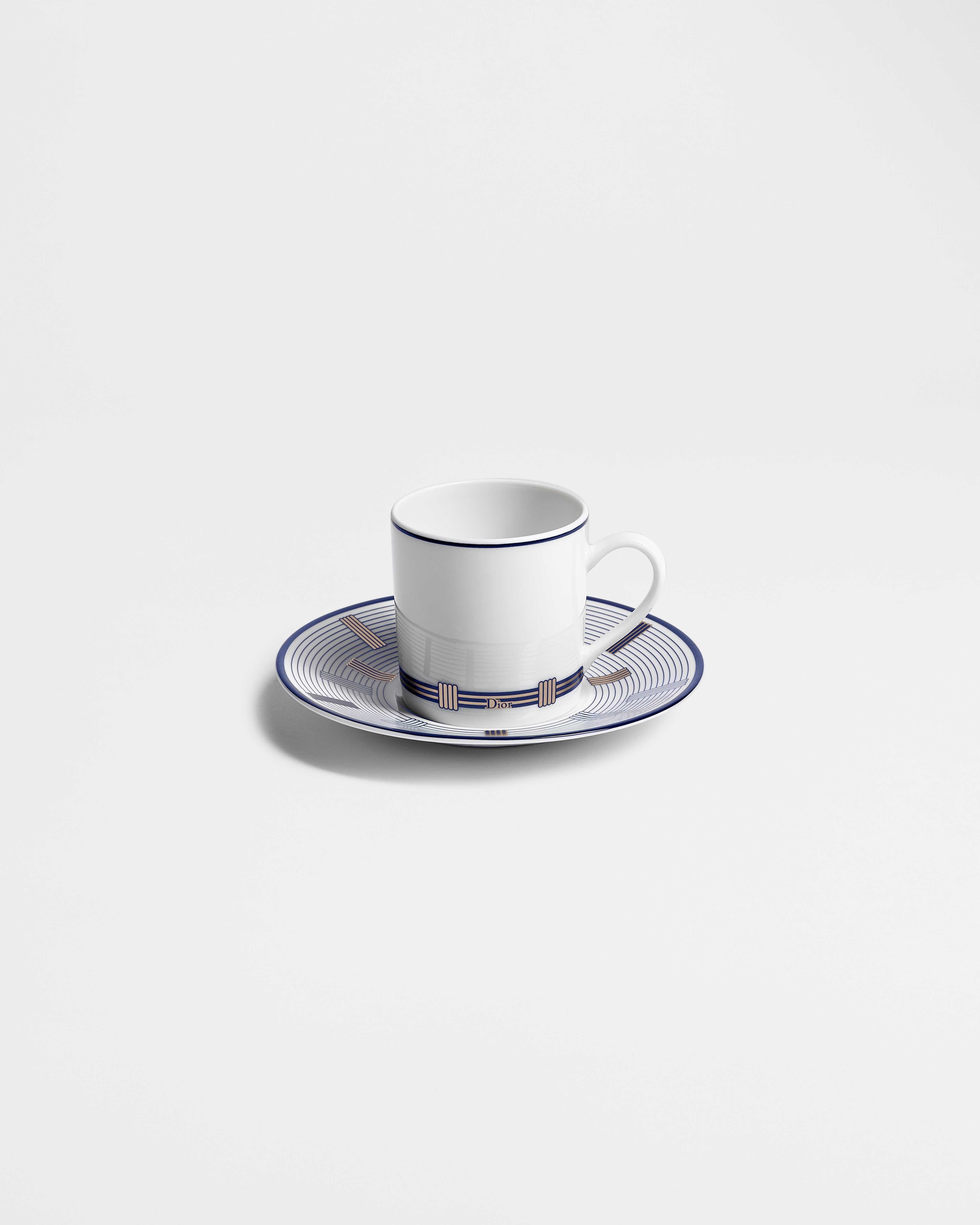 Coffee Cup and Saucer White Limoges Porcelain with Blue Godron Motif E01